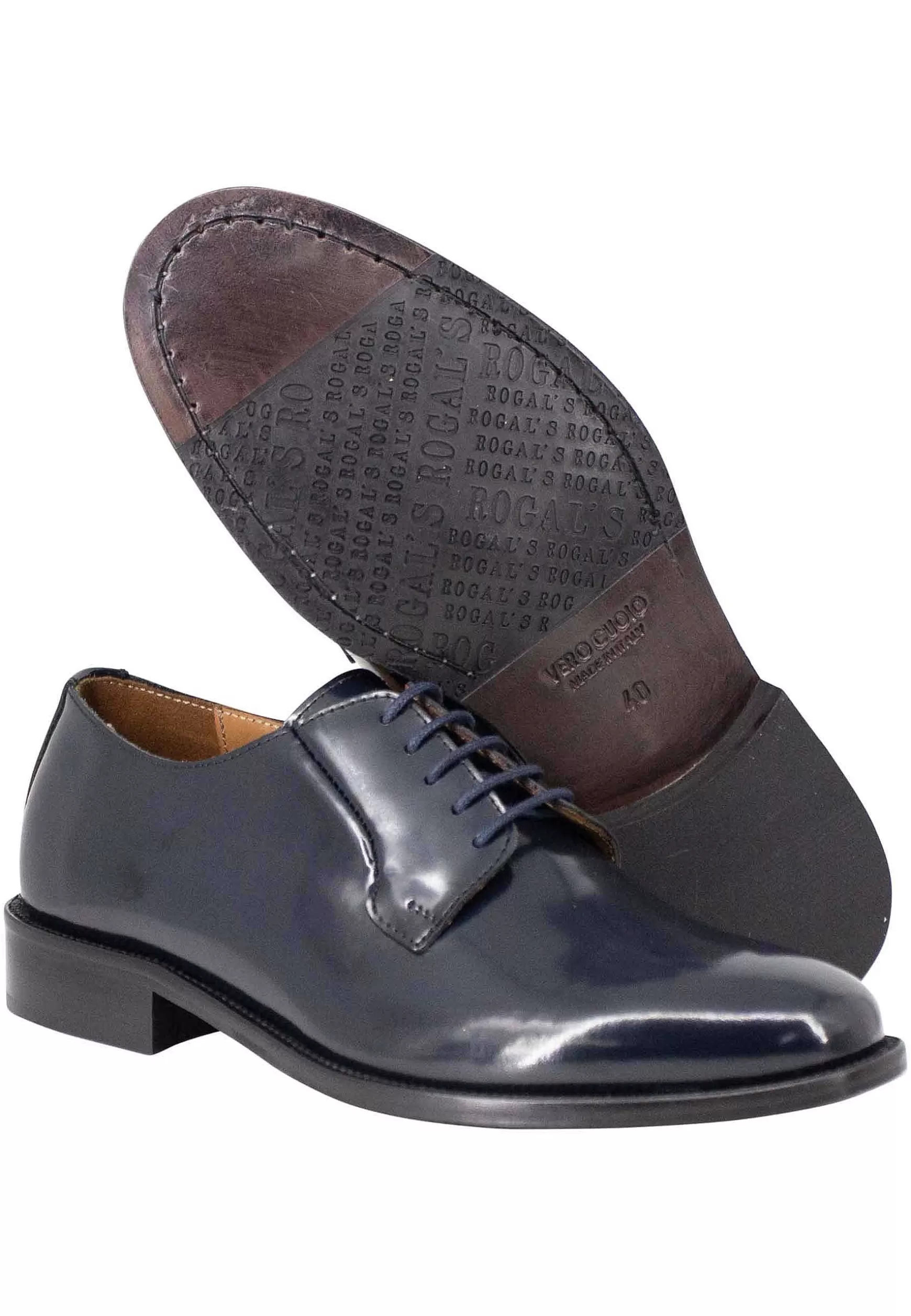 Scarpe Stringate Uomo In Pelle Lucida Blu Con Suola In Cuoio Cucita*Rogal Flash Sale