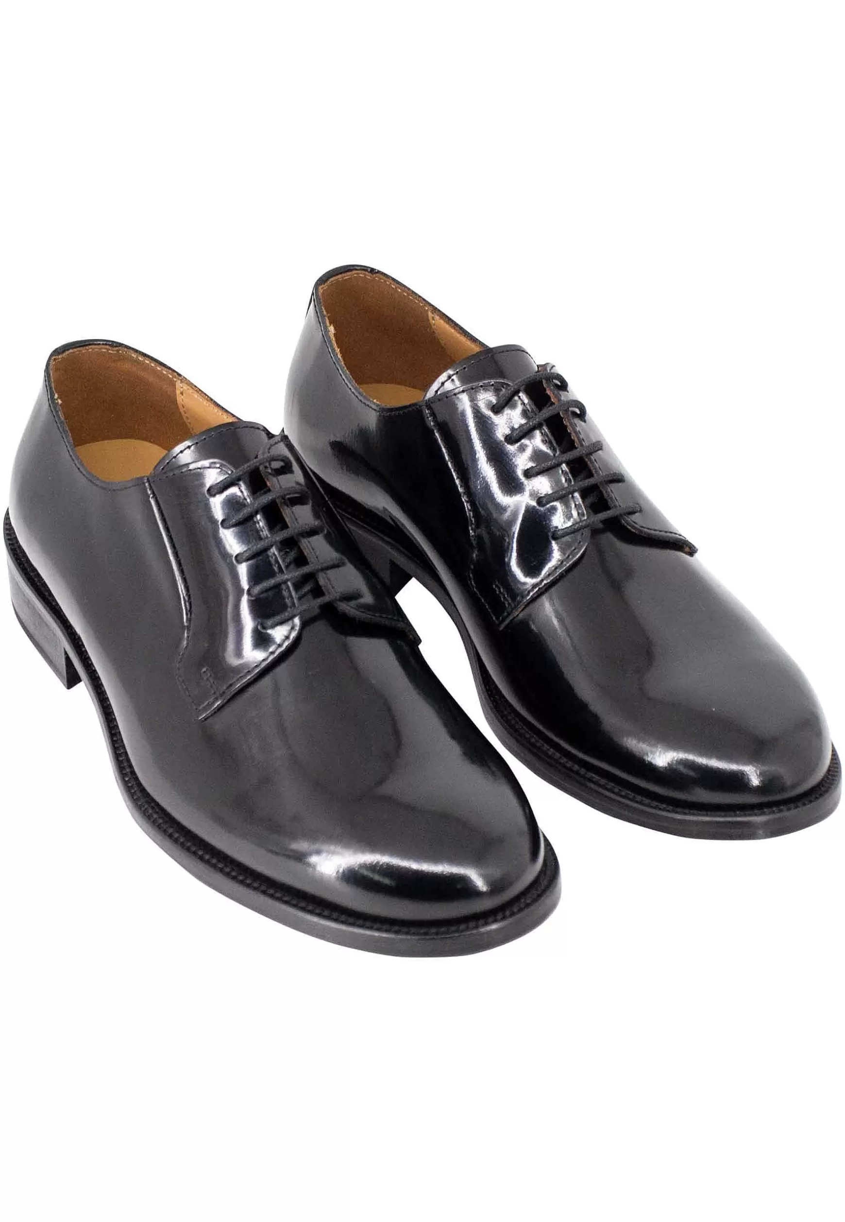 Scarpe Stringate Uomo In Pelle Lucida Nera Con Suola In Cuoio Cucita*Rogal Outlet