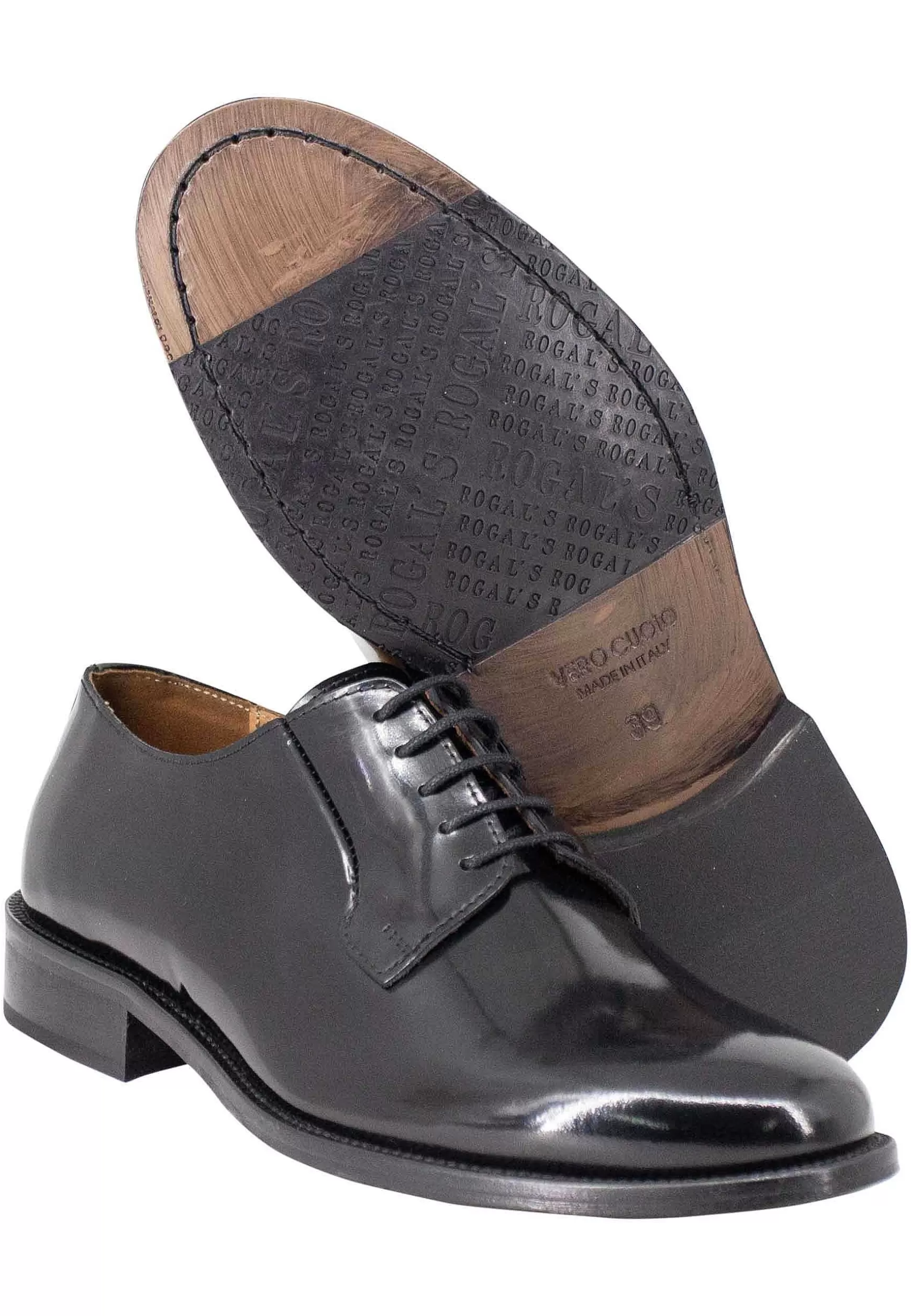 Scarpe Stringate Uomo In Pelle Lucida Nera Con Suola In Cuoio Cucita*Rogal Outlet