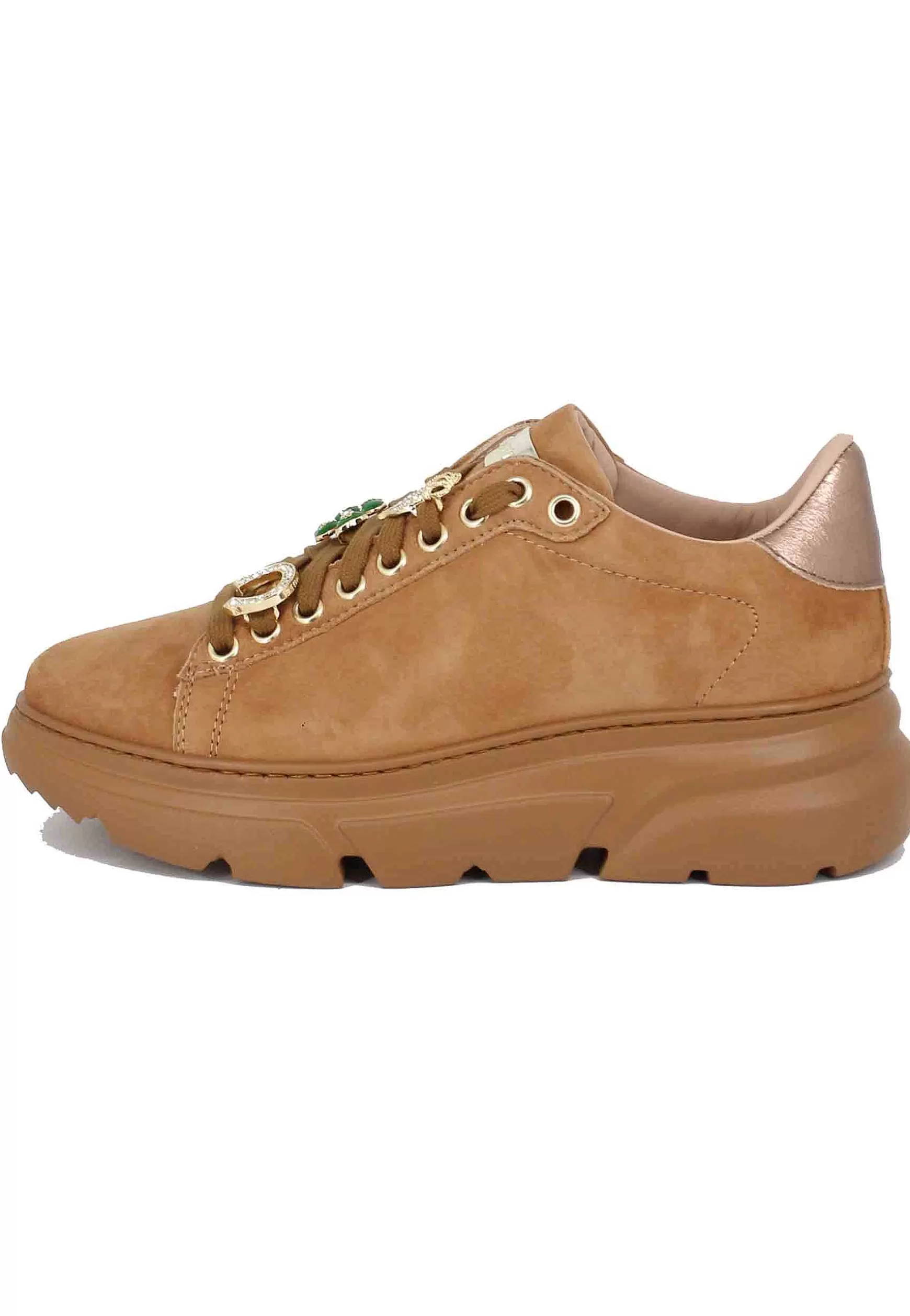 Sneakers Da Donna In Camoscio Cuoio Con Bijoux*Stokton Cheap