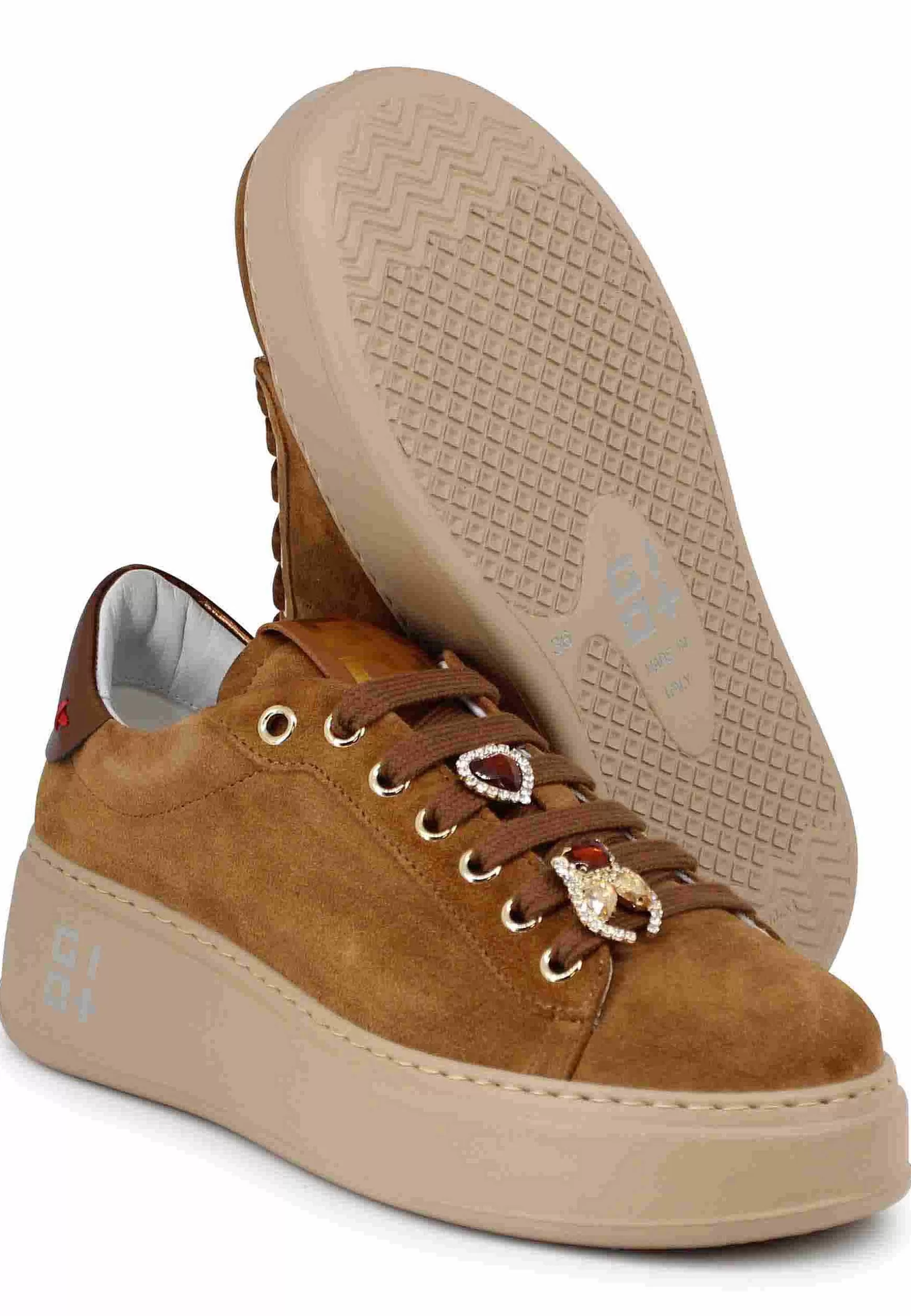 Sneakers Donna In Camoscio Cuoio Con Accessori Gioiello*Gio + Hot