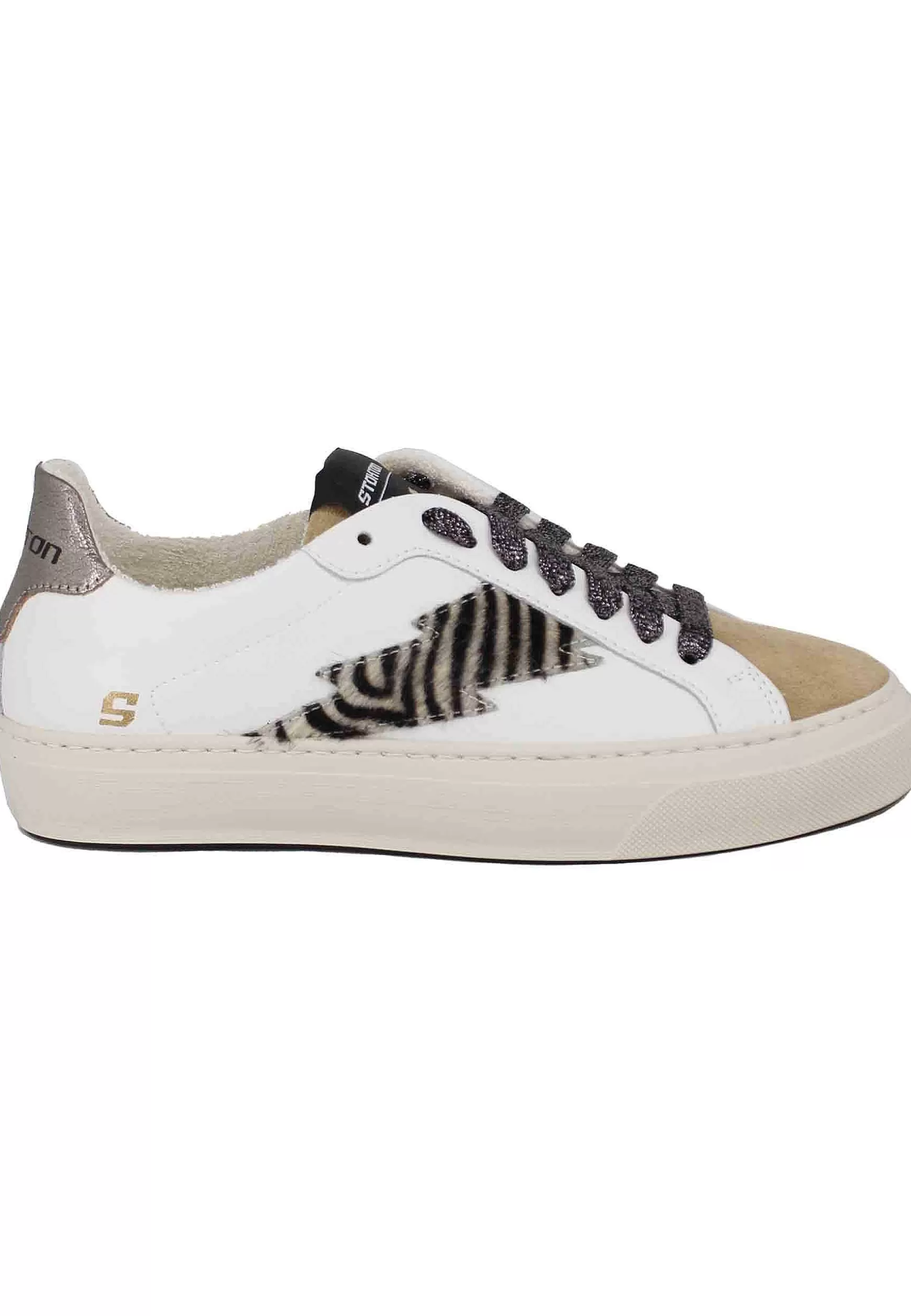 Sneakers Donna In Pelle Bianca E Camoscio Cuoio*Stokton Cheap