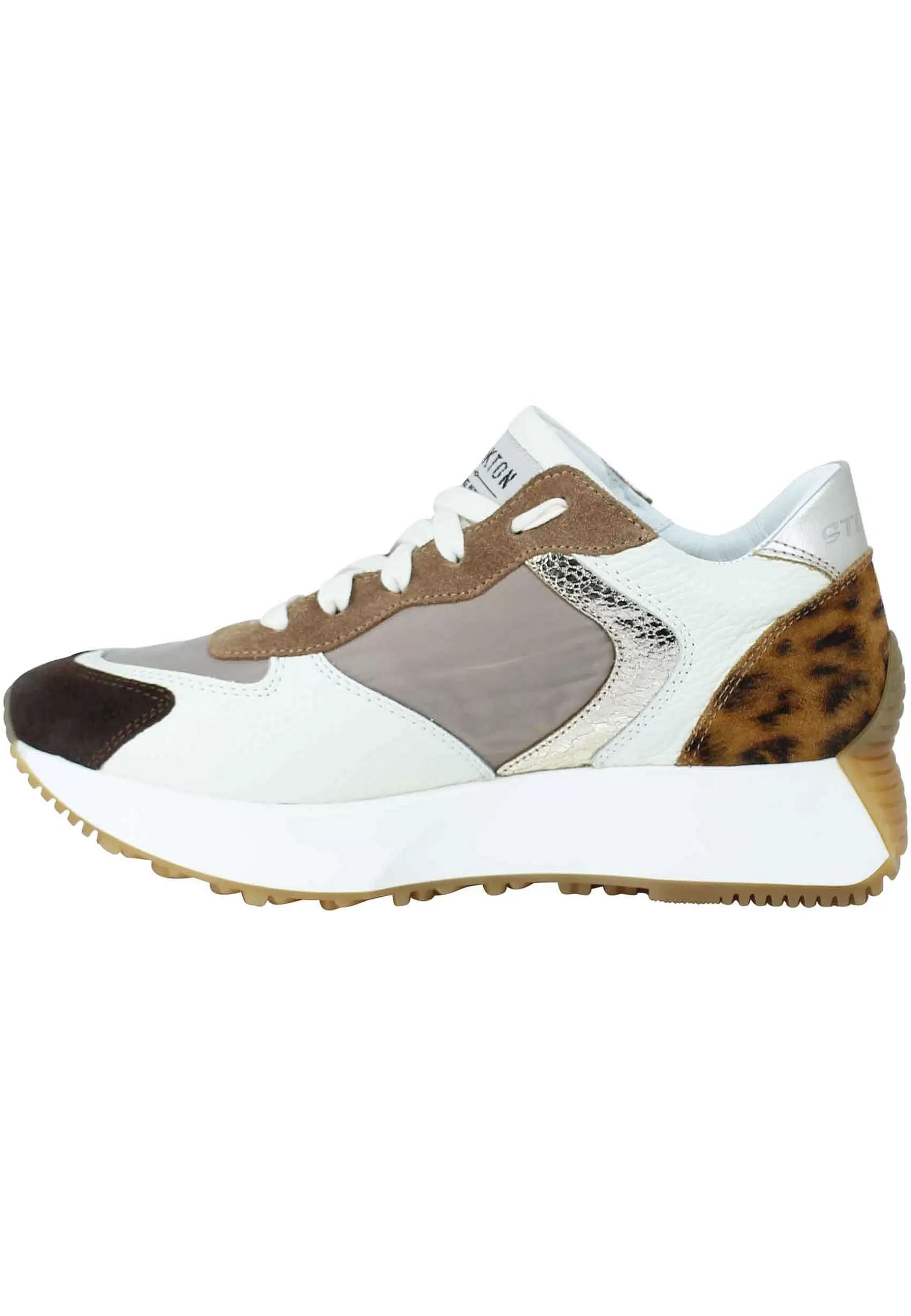 Sneakers Donna In Pelle E Tessuto Beige Con Riporto Animalier E Zeppa In Gomma*Stokton Cheap