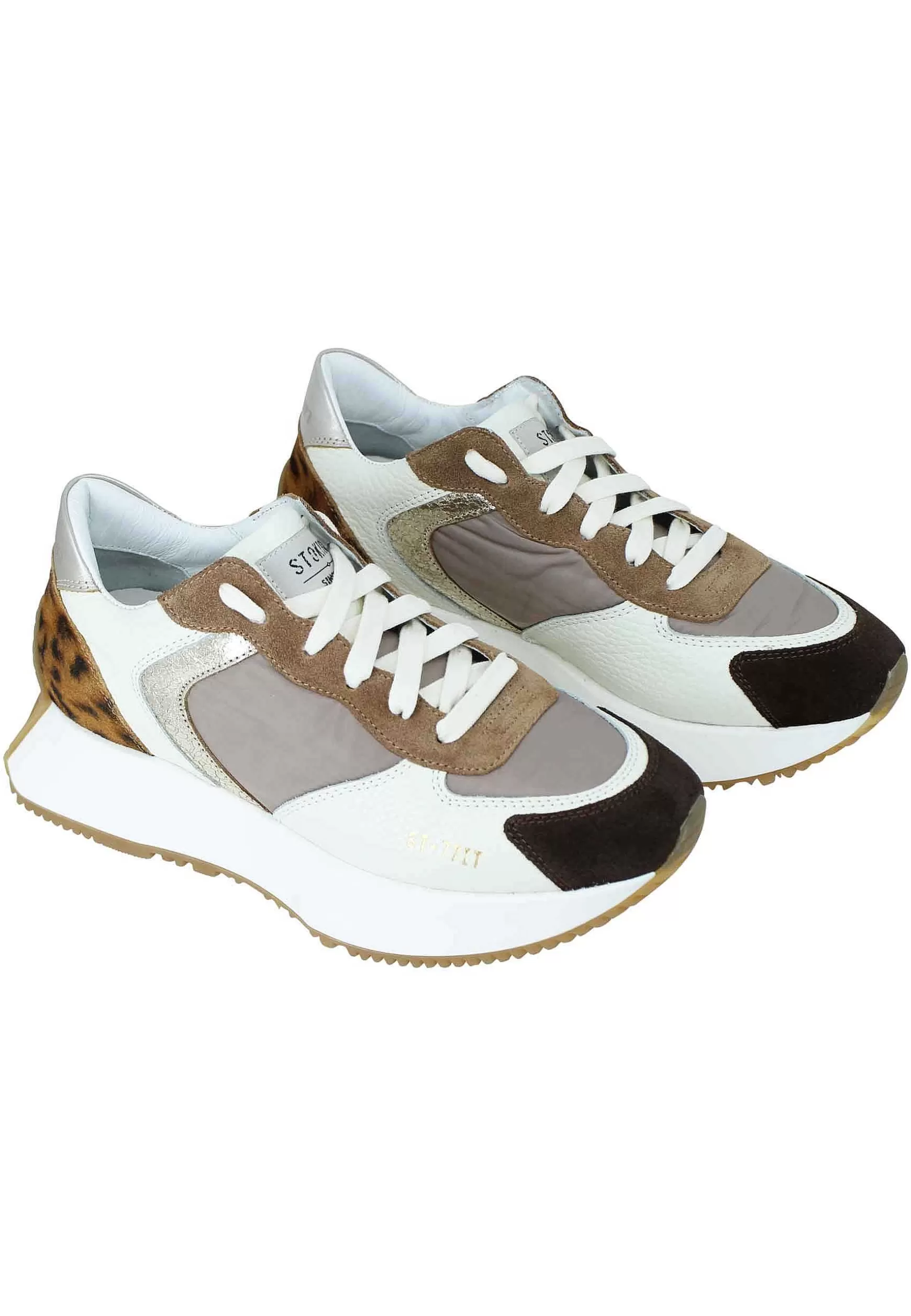Sneakers Donna In Pelle E Tessuto Beige Con Riporto Animalier E Zeppa In Gomma*Stokton Cheap