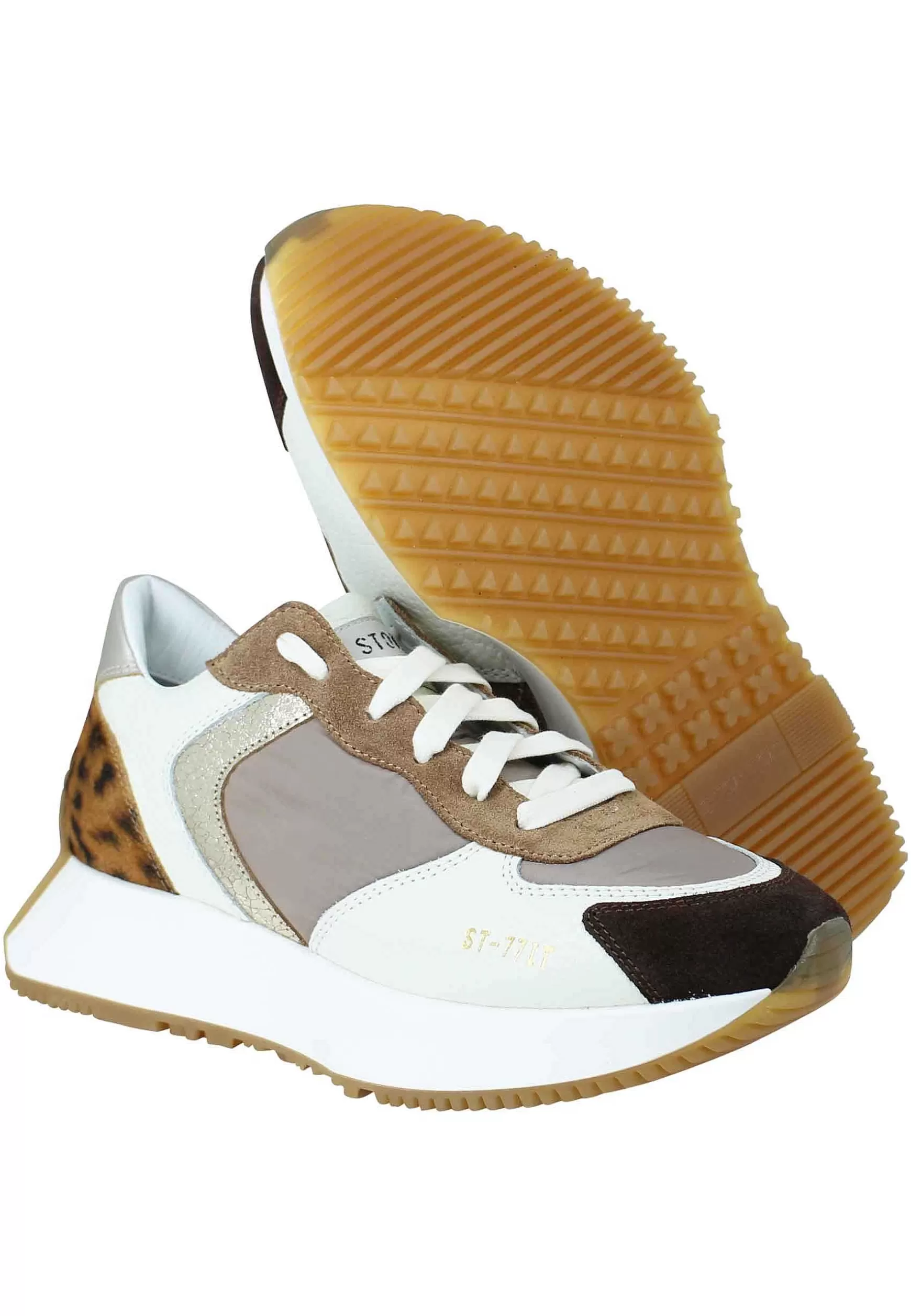 Sneakers Donna In Pelle E Tessuto Beige Con Riporto Animalier E Zeppa In Gomma*Stokton Cheap