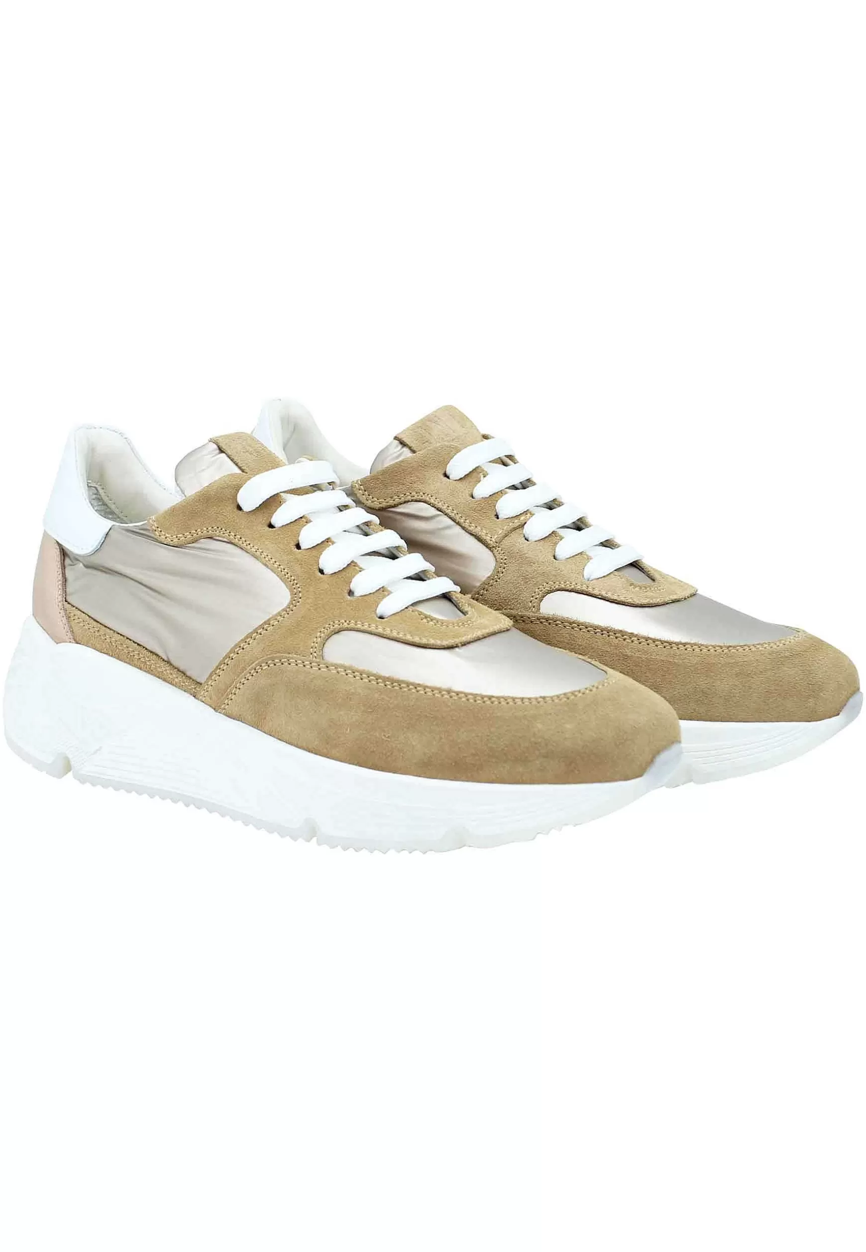 Sneakers Donna In Pelle E Tessuto Cammello Con Fondo Gomma Bianco*Janet & Janet Clearance