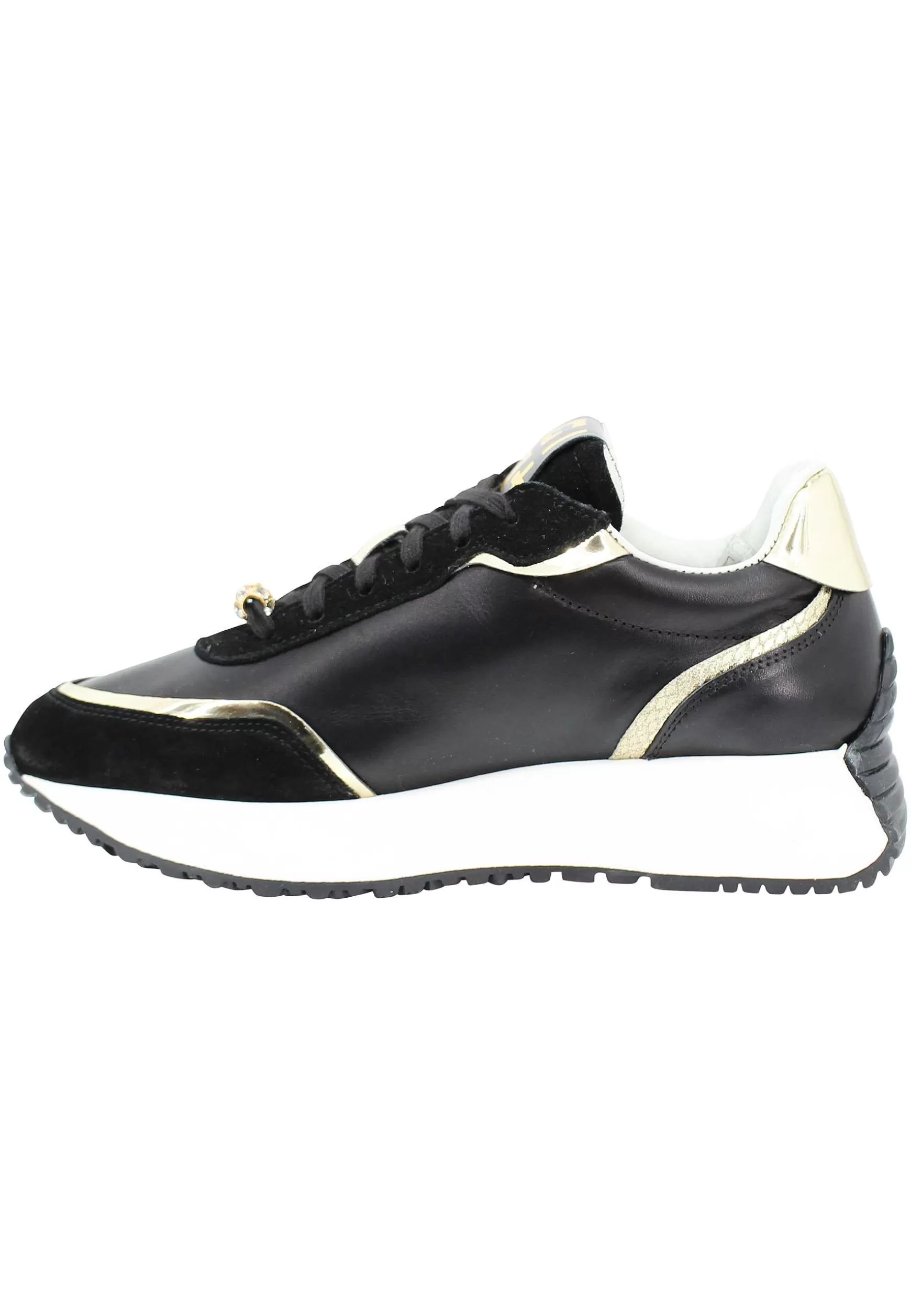 Sneakers Donna In Pelle Nera Con Riporti In Pelle Oro E Zeppa In Gomma Bianca*Gio + Best