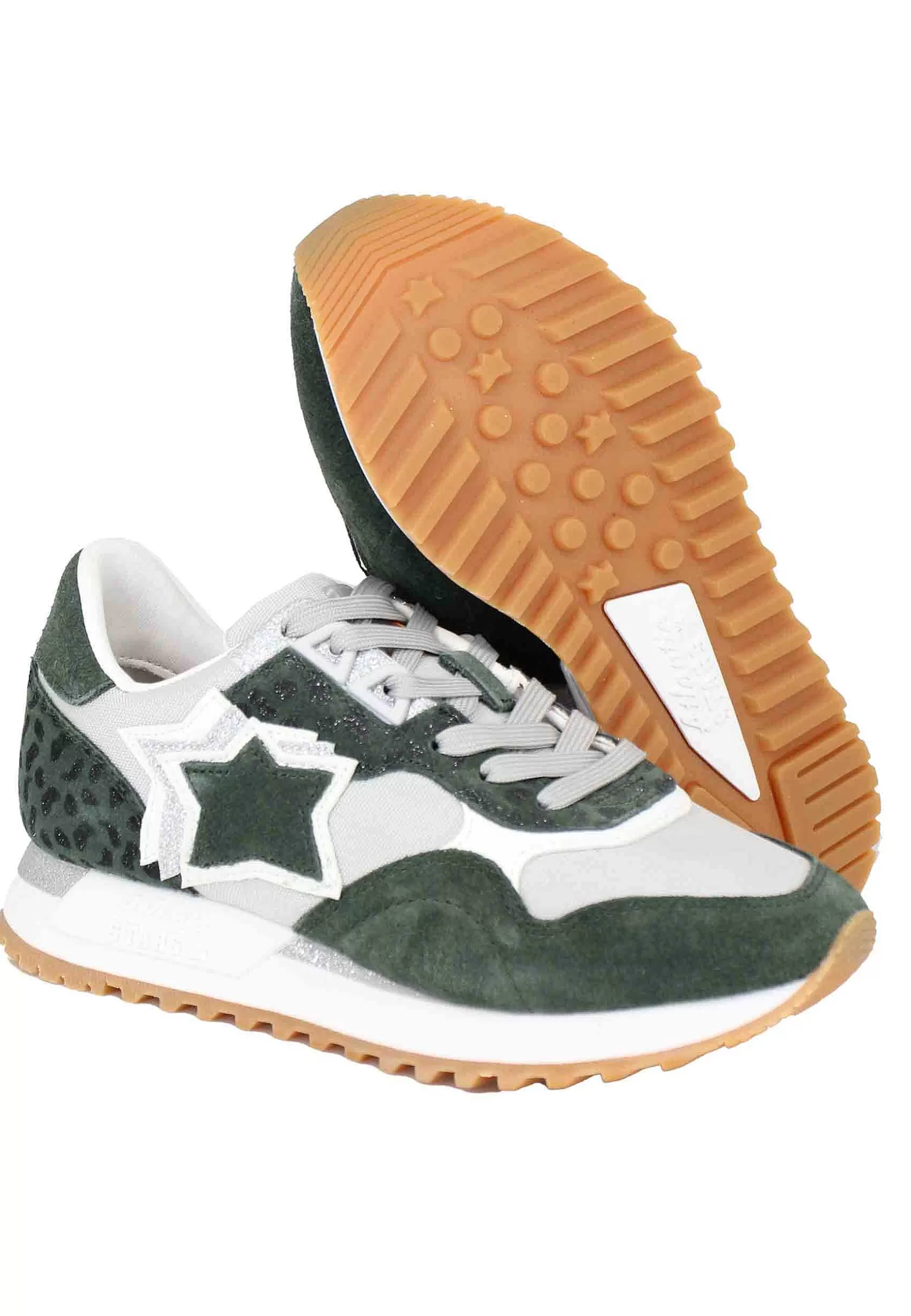 Sneakers Ghalac Donna In Pelle Verde E Tessuto Animalier Con Stelle In Tinta*Atlantic Star New