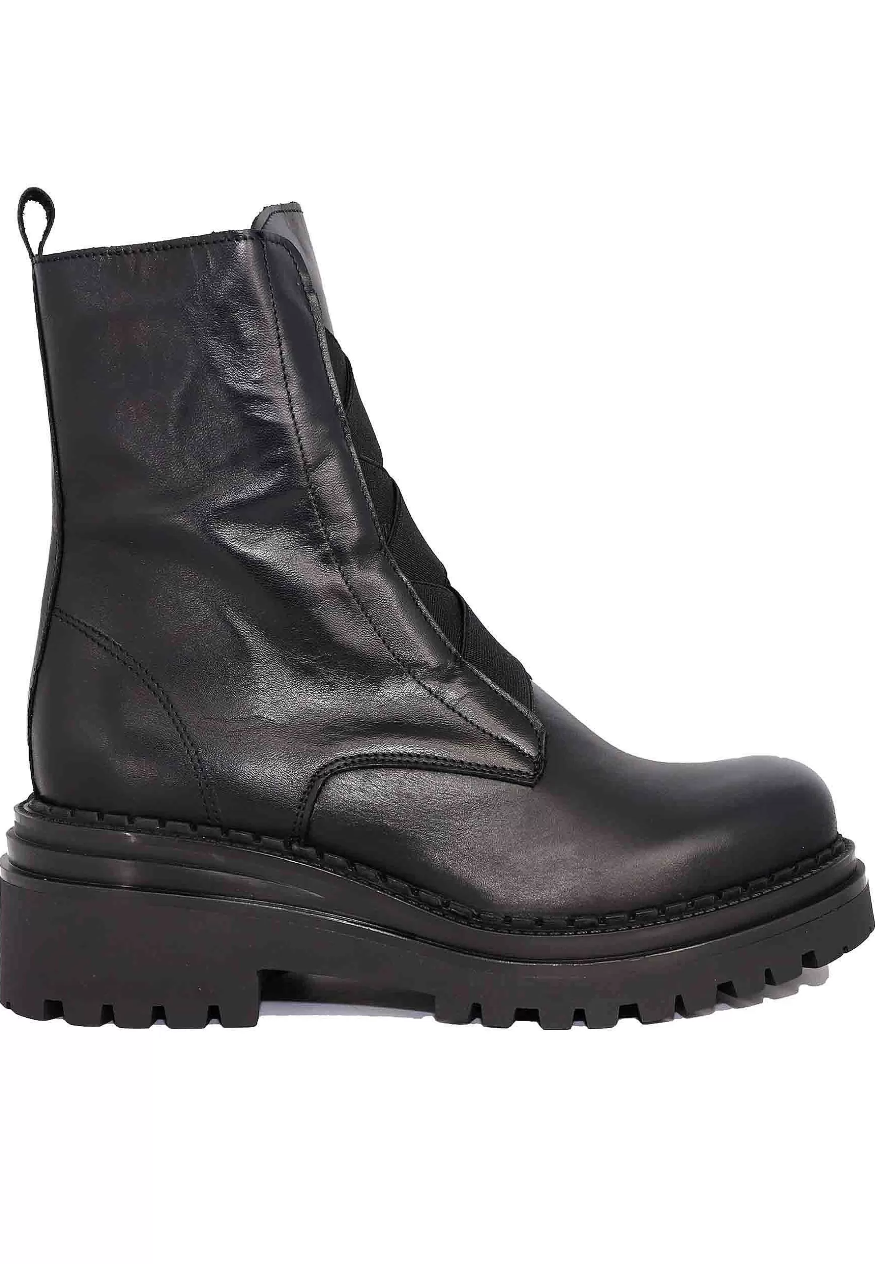 Stivaletti Anfibi Donna In Pelle Nera Con Punta Tonda E Suola In Gomma*Tattoo Discount