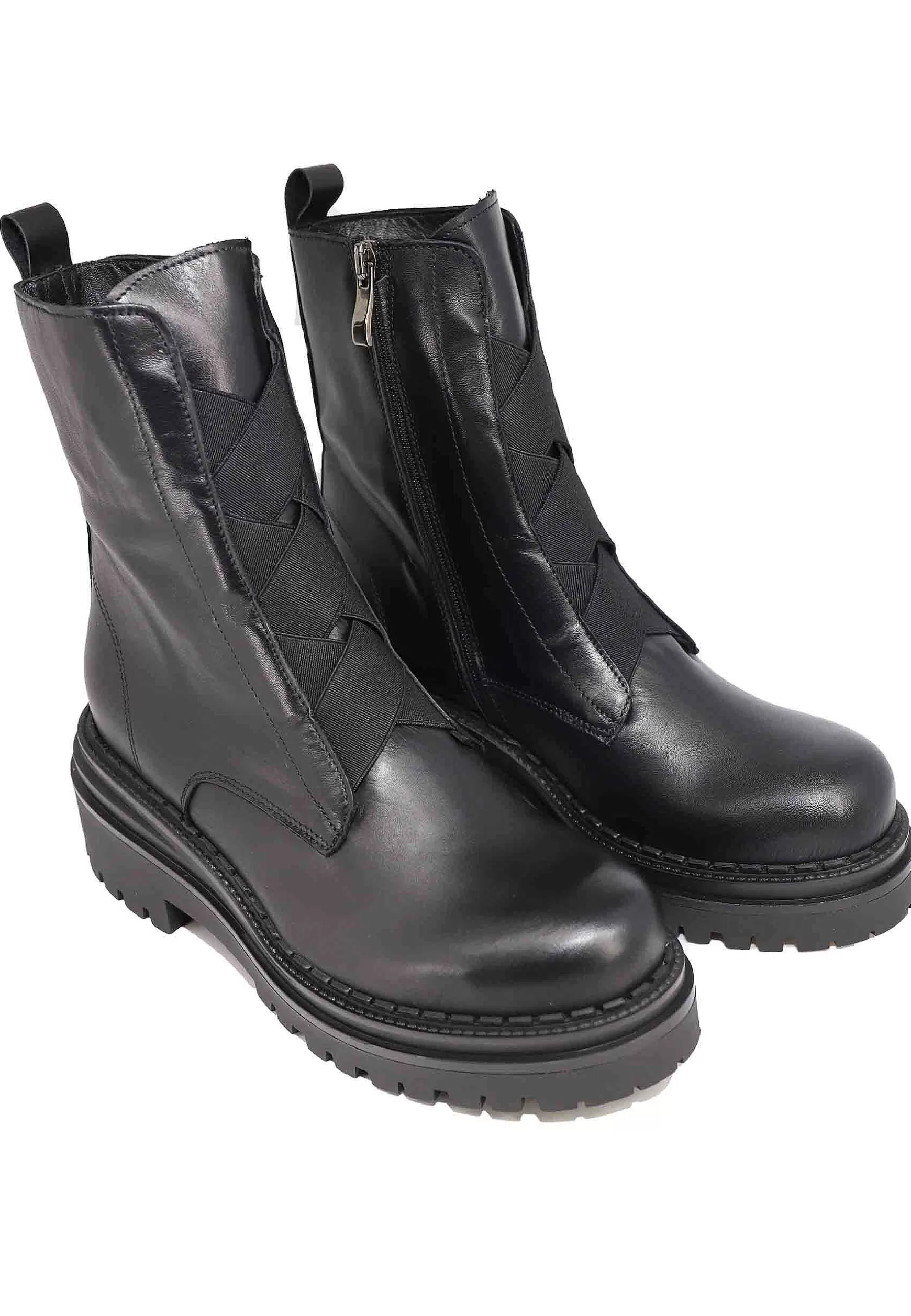 Stivaletti Anfibi Donna In Pelle Nera Con Punta Tonda E Suola In Gomma*Tattoo Discount