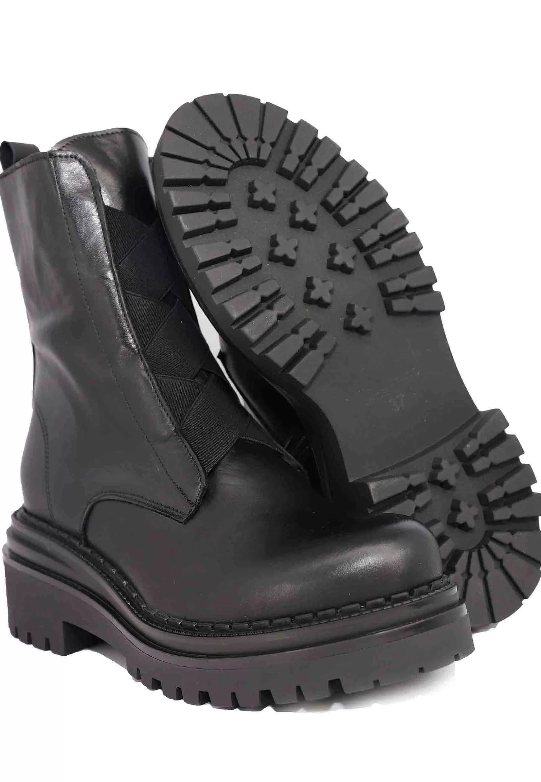 Stivaletti Anfibi Donna In Pelle Nera Con Punta Tonda E Suola In Gomma*Tattoo Discount