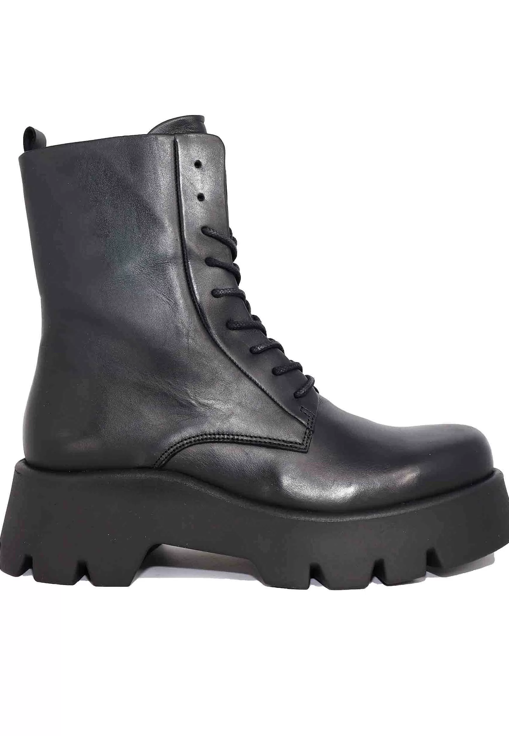 Stivaletti Anfibi Stringati Donna In Pelle Nera Con Suola Alta In Gomma*Bruno Premi Best