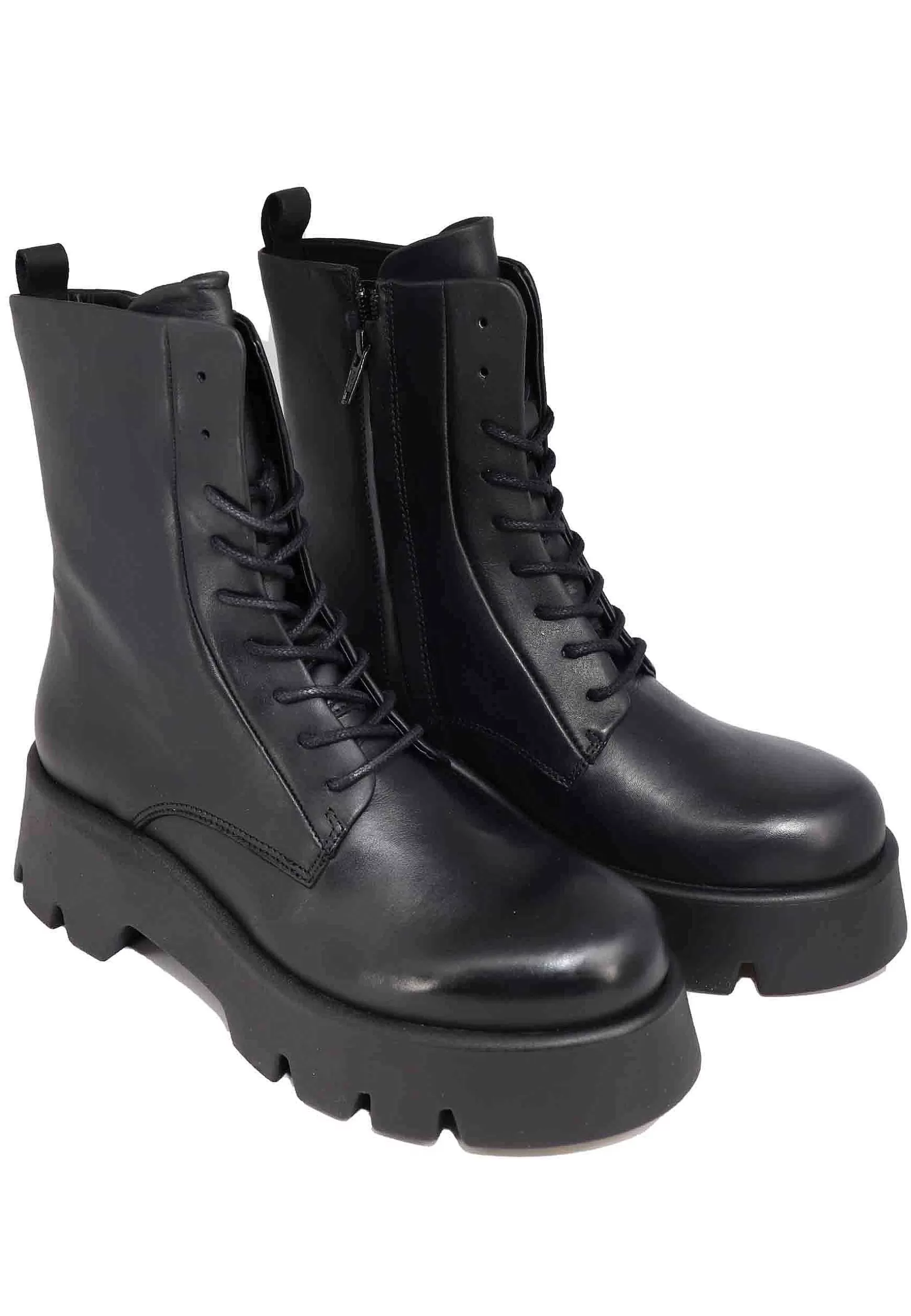 Stivaletti Anfibi Stringati Donna In Pelle Nera Con Suola Alta In Gomma*Bruno Premi Best