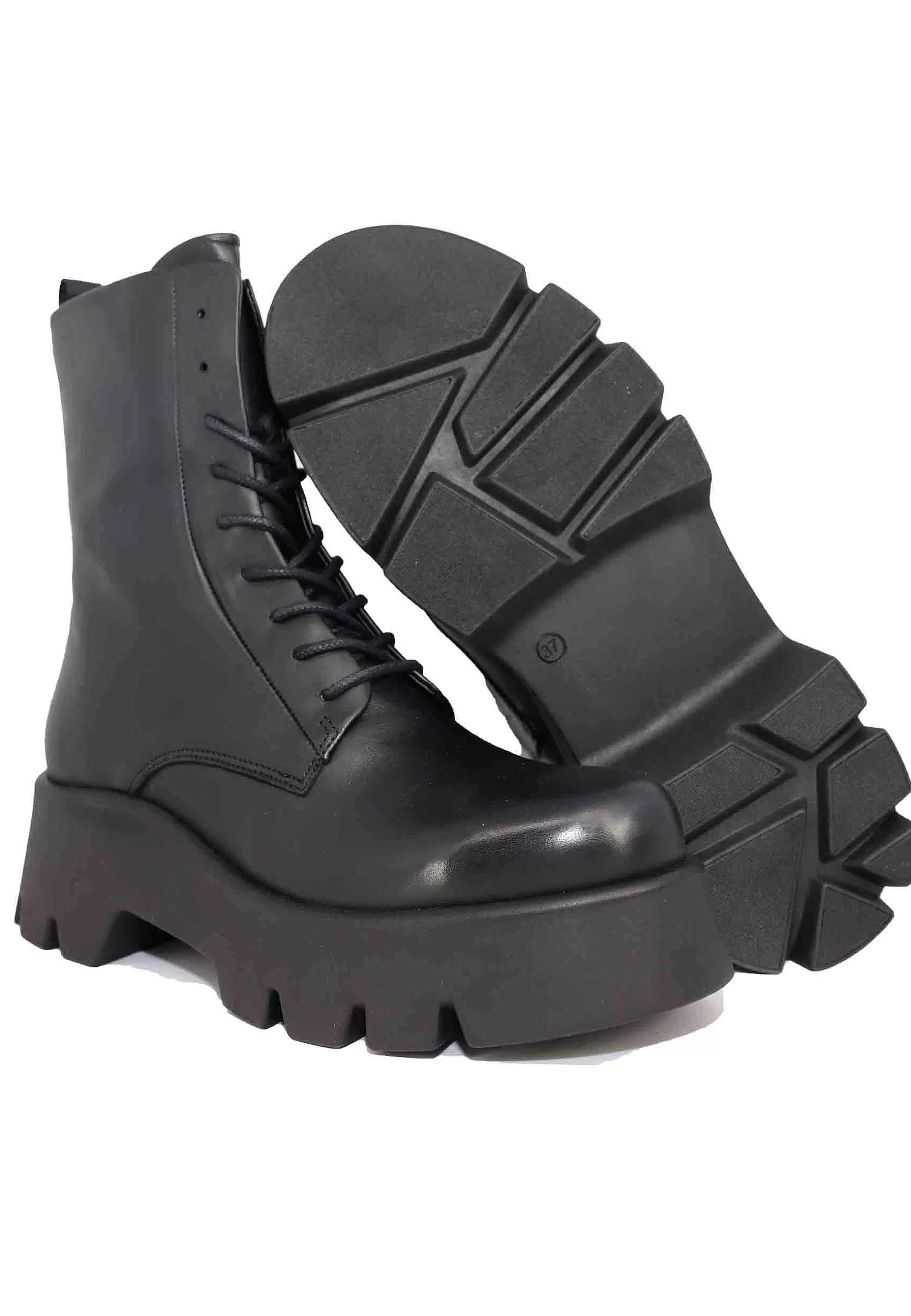 Stivaletti Anfibi Stringati Donna In Pelle Nera Con Suola Alta In Gomma*Bruno Premi Best
