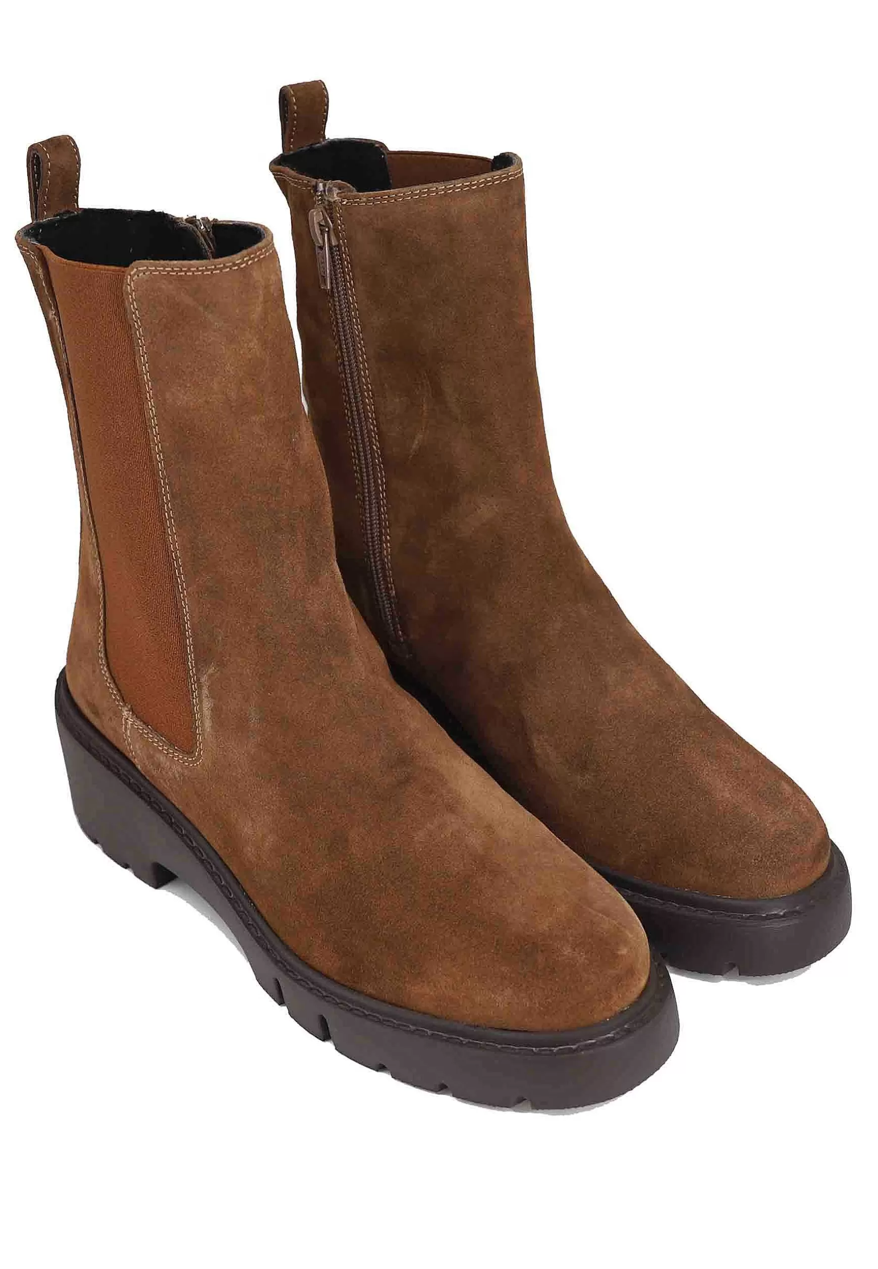 Stivaletti Donna In Camoscio Cuoio Con Elastico Laterale E Zip Con Zeppa Bassa In Gomma*Unisa Store
