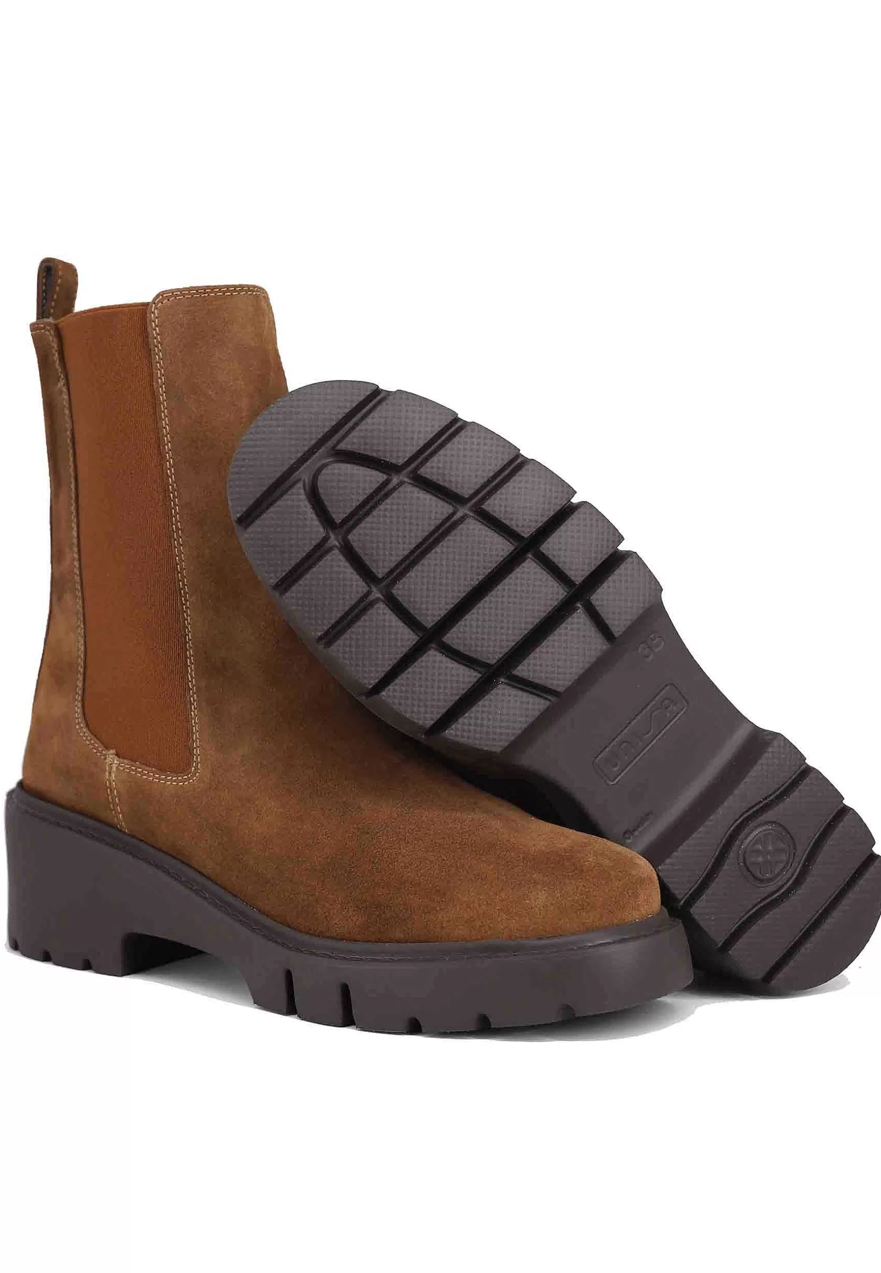 Stivaletti Donna In Camoscio Cuoio Con Elastico Laterale E Zip Con Zeppa Bassa In Gomma*Unisa Store
