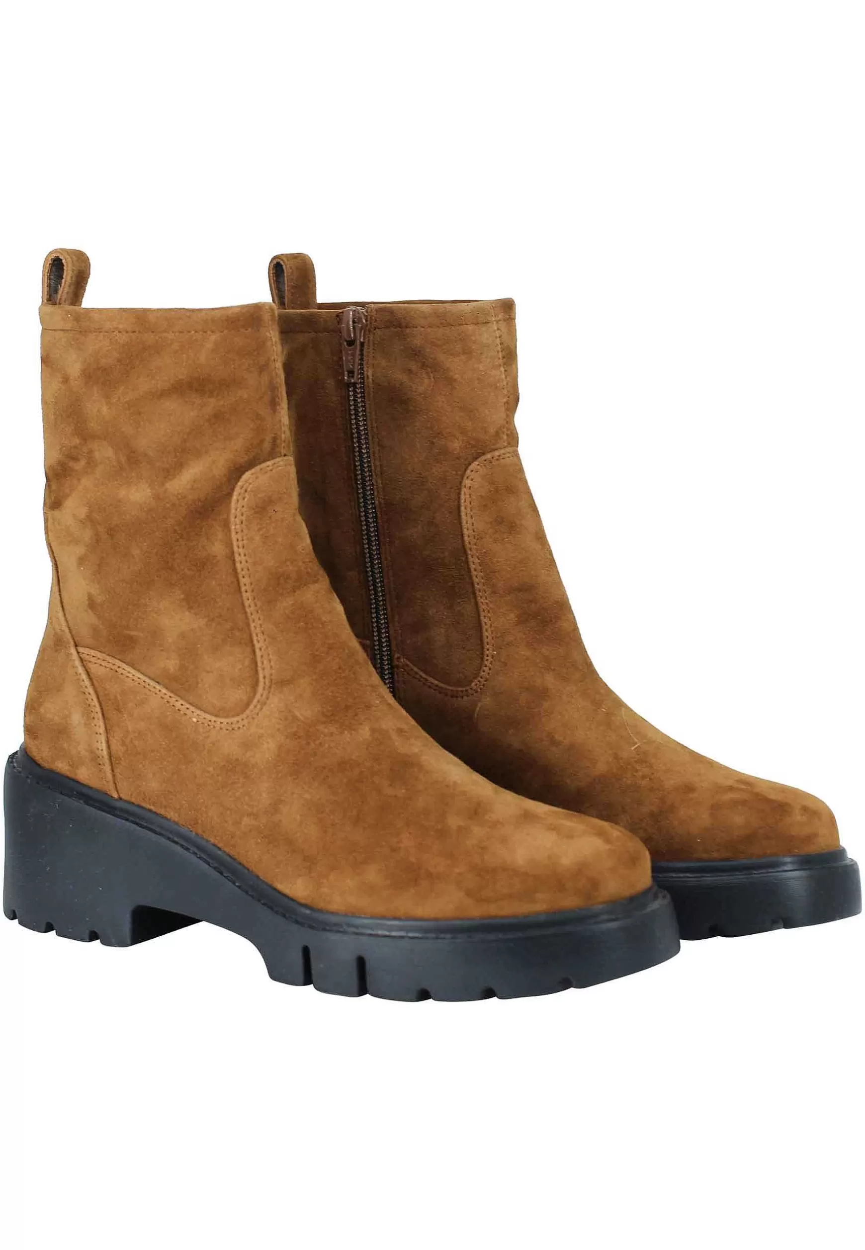 Stivaletti Donna In Camoscio Cuoio Con Zeppa Bassa E Punta Tonda*Unisa Store