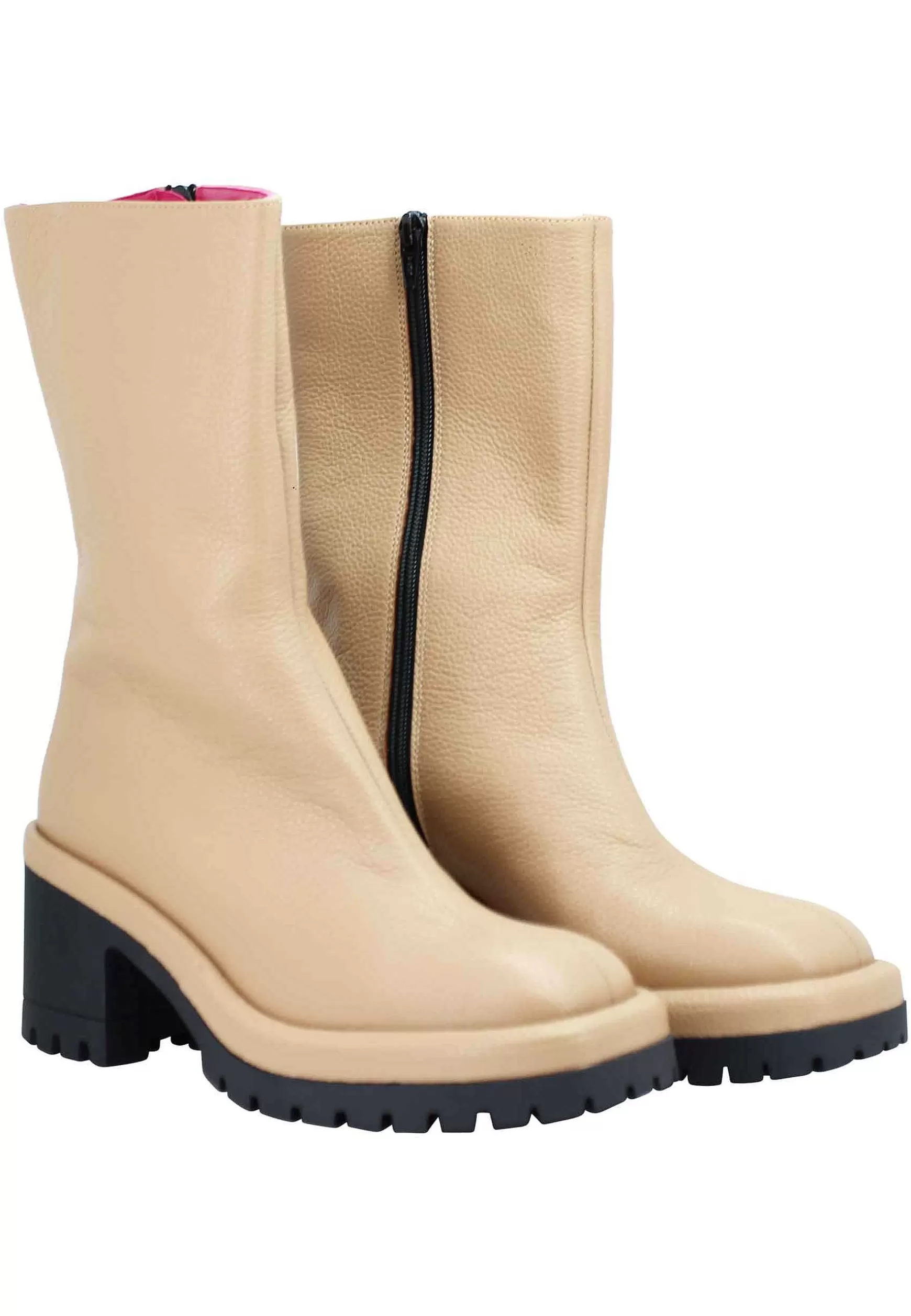 Stivaletti Donna In Pelle Beige Con Tacco Alto In Gomma E Suola Carrarmato*Le Babe Best Sale