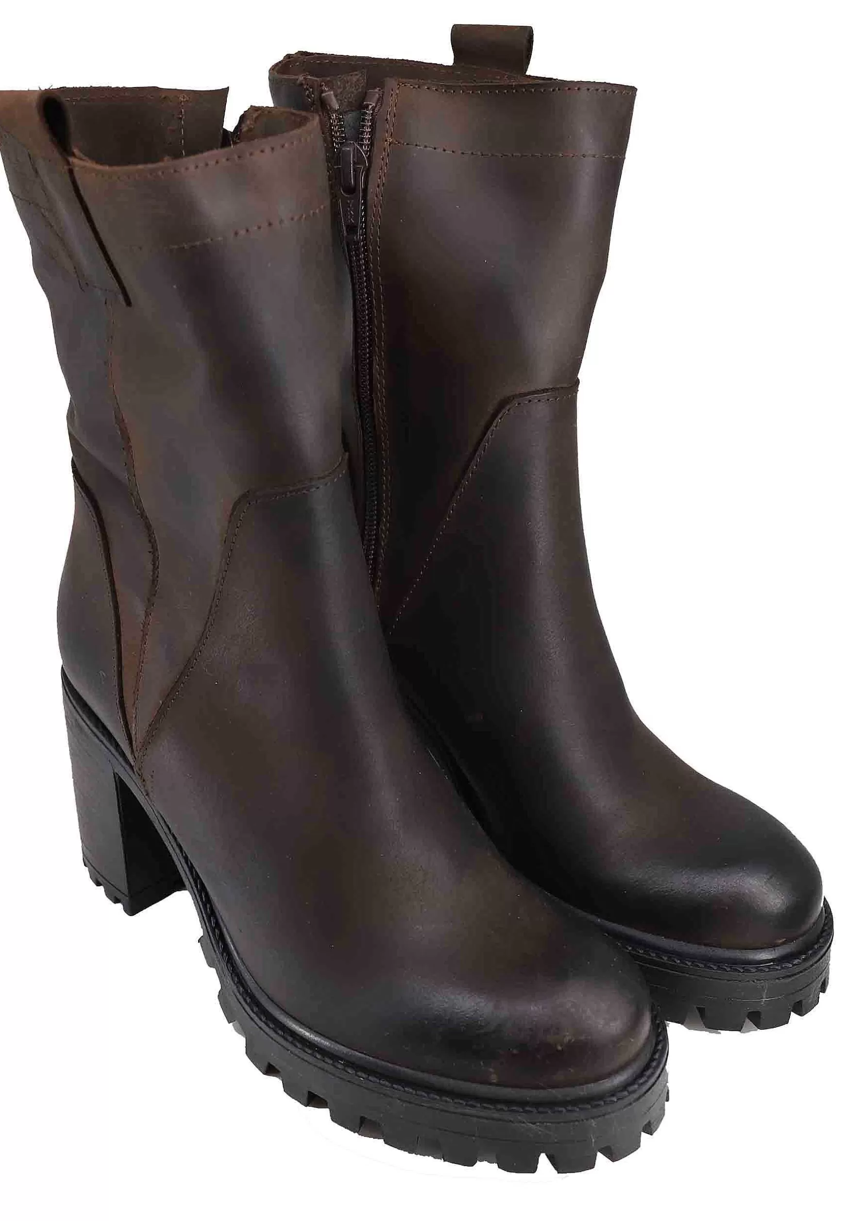 Stivaletti Donna In Pelle Ingrassata Testa Di Moro Con Taco Alto E Plateau Carrarmato** Clearance