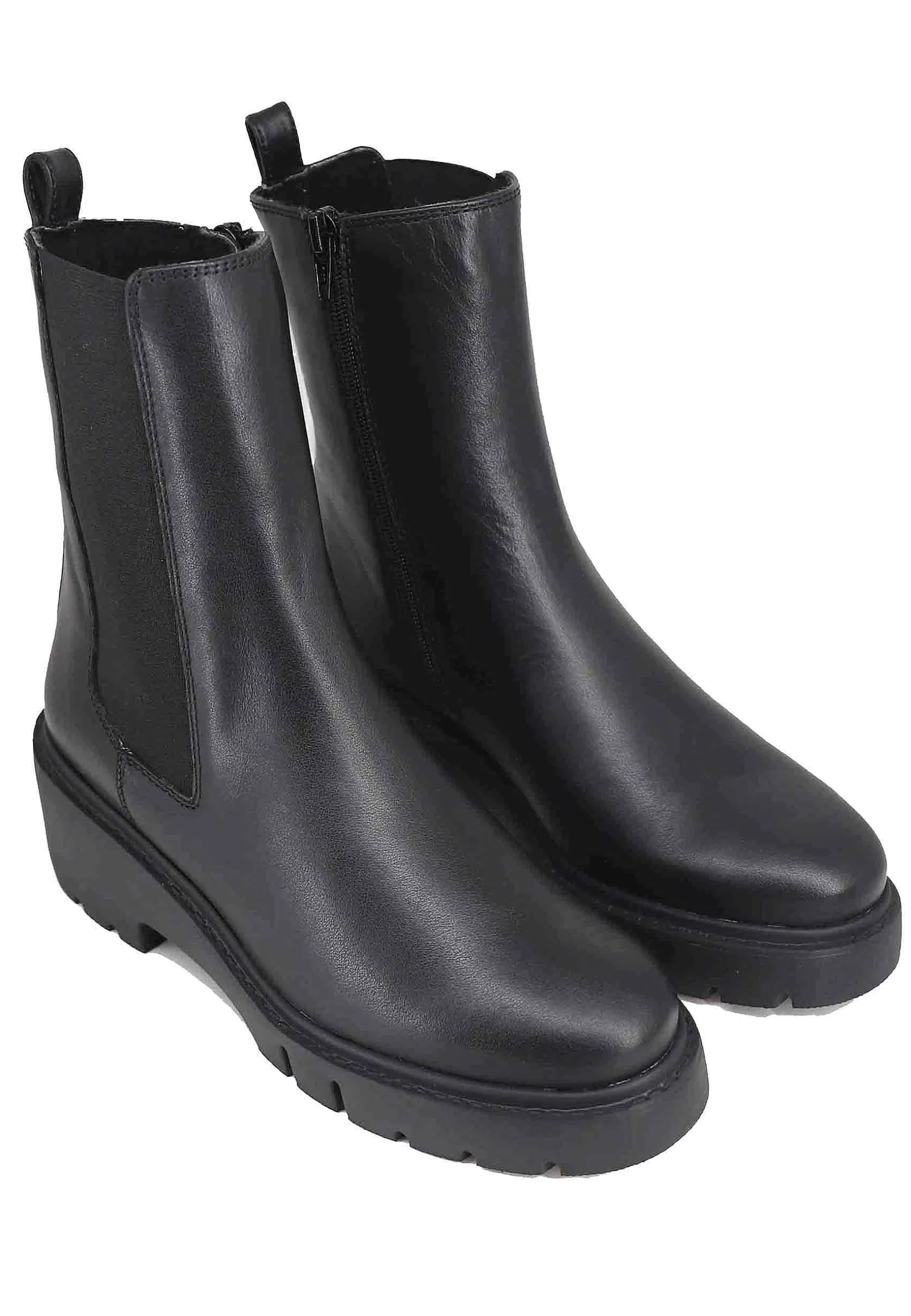 Stivaletti Donna In Pelle Nera Con Elastico Laterale E Zip Con Zeppa Bassa In Gomma*Unisa Discount