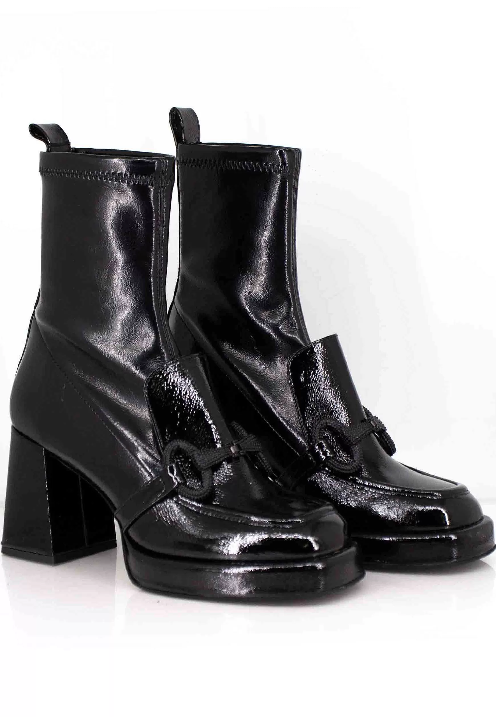 Stivaletti Donna In Pelle Nera Con Morsetto In Tinta Tacco Alto E Plateau** Cheap