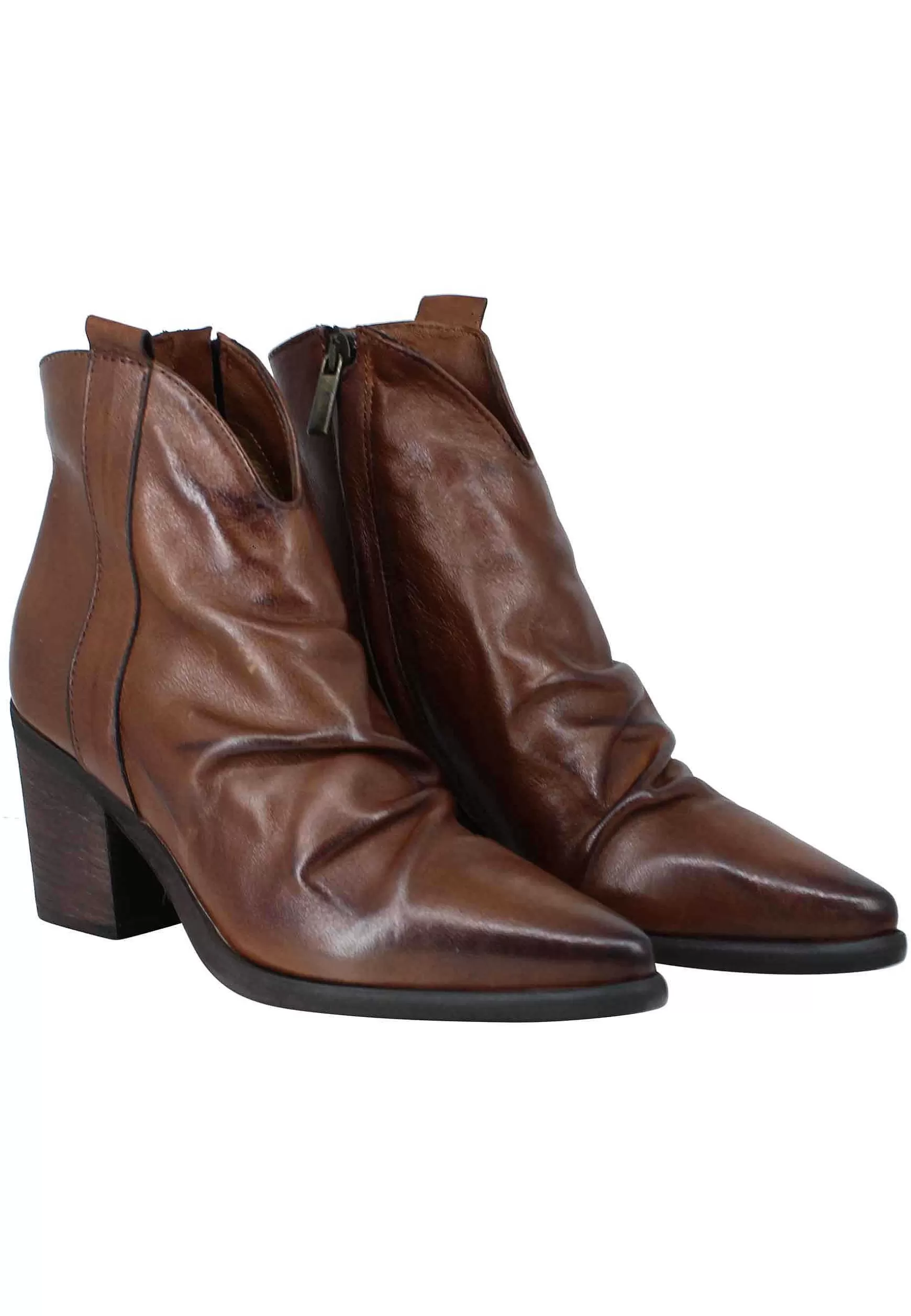 Stivaletti Donna Texani In Pelle Cuoio Con Punta A Punta E Zip Interna*Zoe Shop