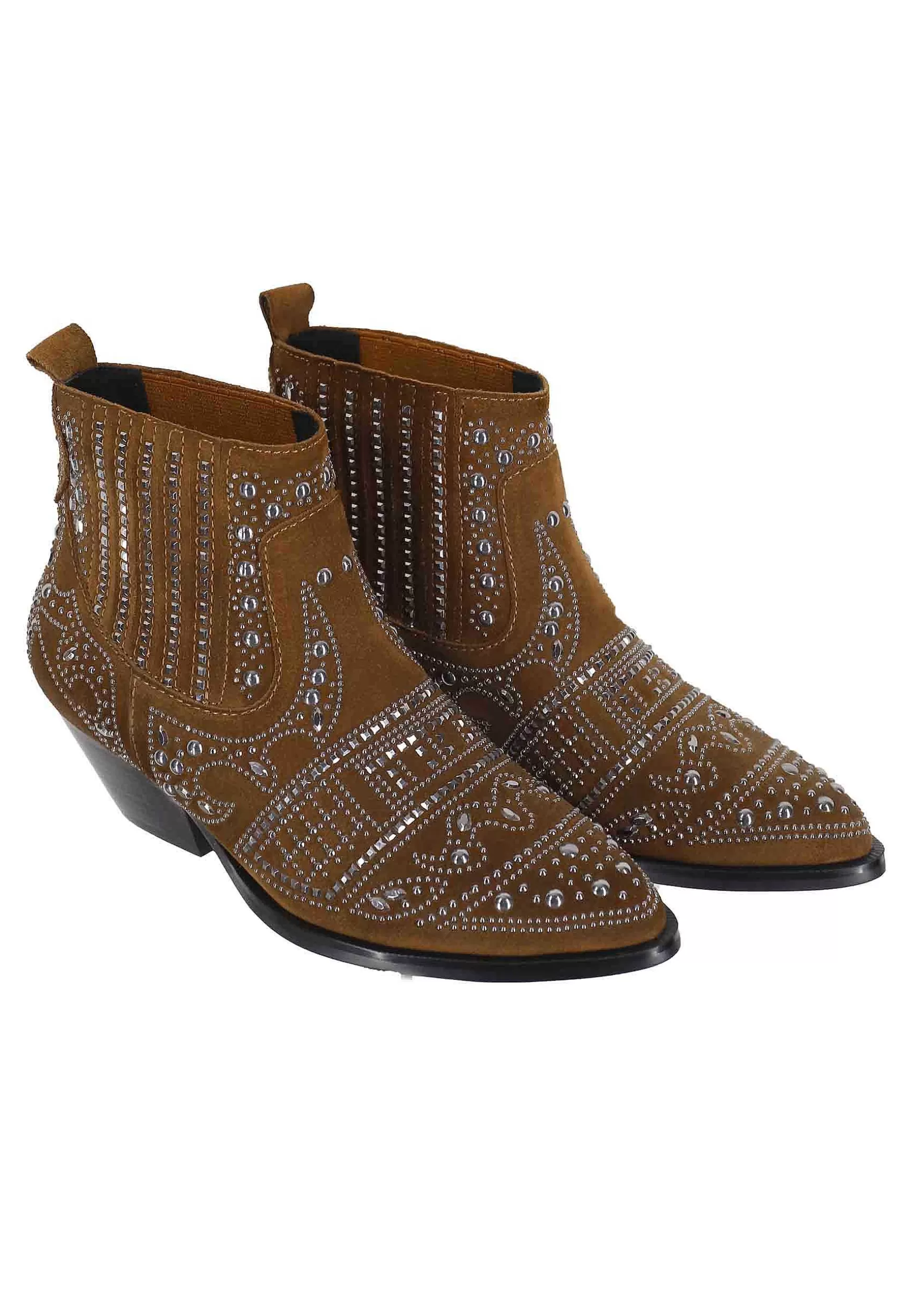 Stivaletti Texani Donna In Camoscio Cuoio Con Borchie E Tacco Basso Soho*Bibi Lou Shop