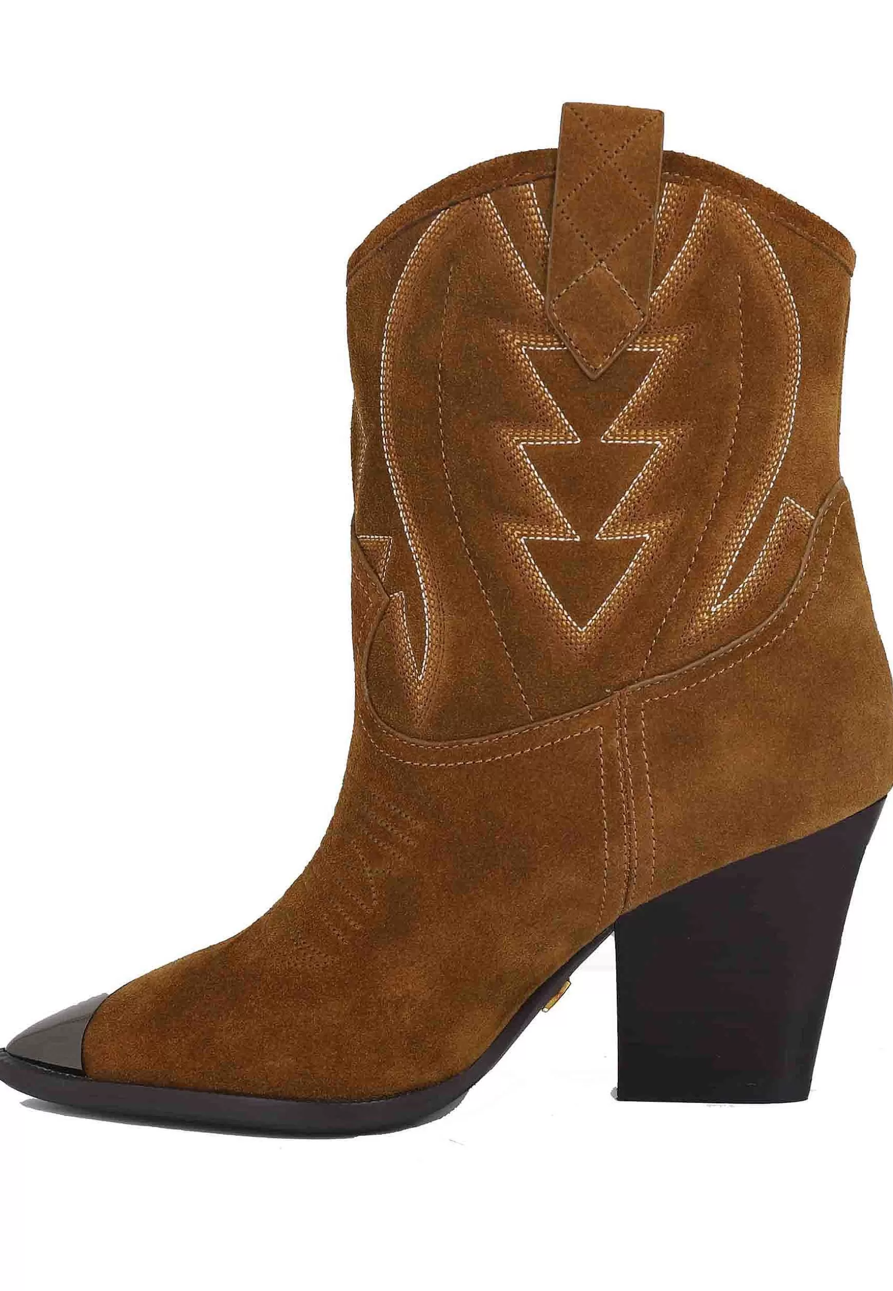 Stivaletti Texani Donna In Camoscio Cuoio Con Cuciture In Contrasto E Puntale In Acciaio Gambels*Lola Cruz Fashion