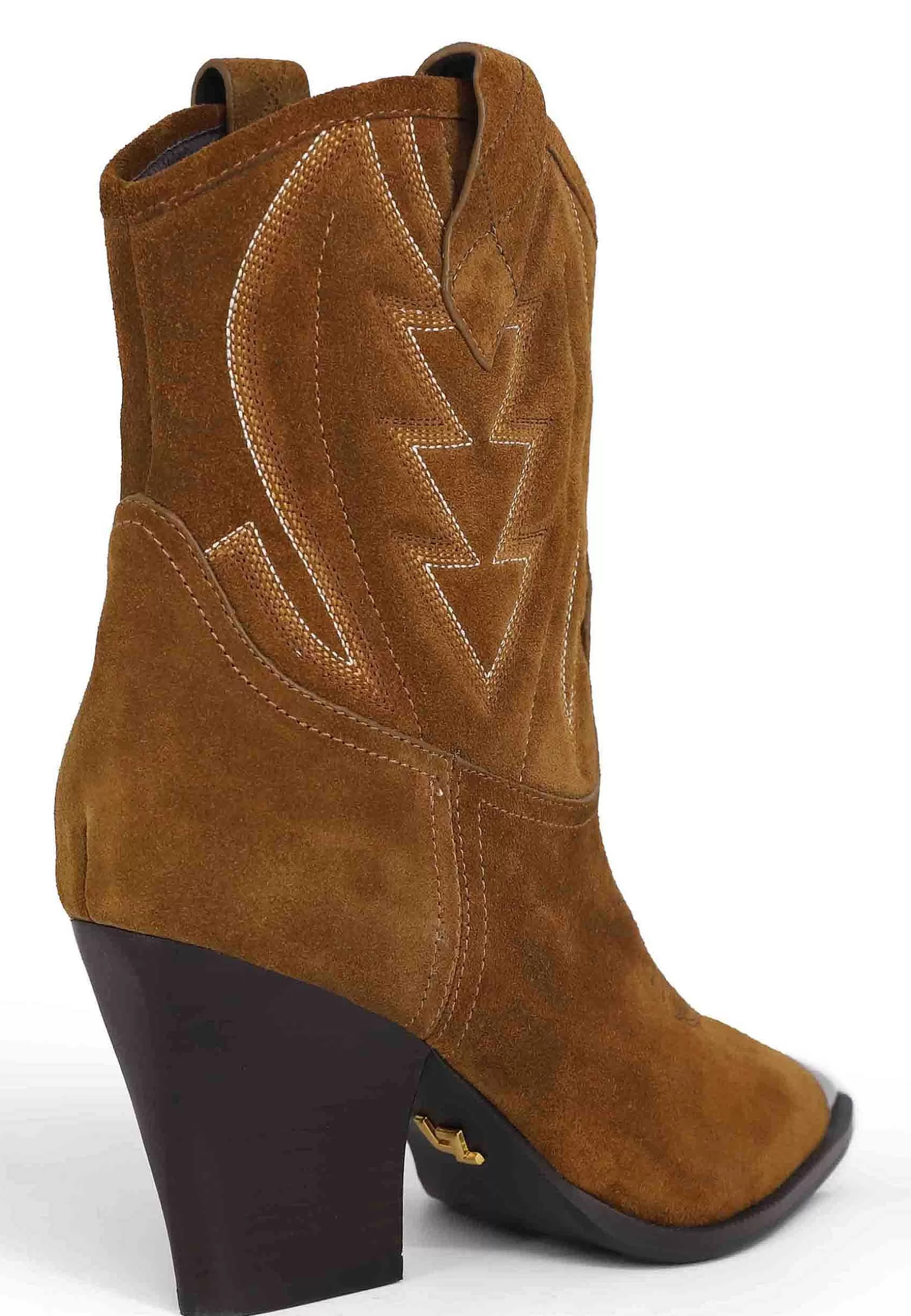 Stivaletti Texani Donna In Camoscio Cuoio Con Cuciture In Contrasto E Puntale In Acciaio Gambels*Lola Cruz Fashion