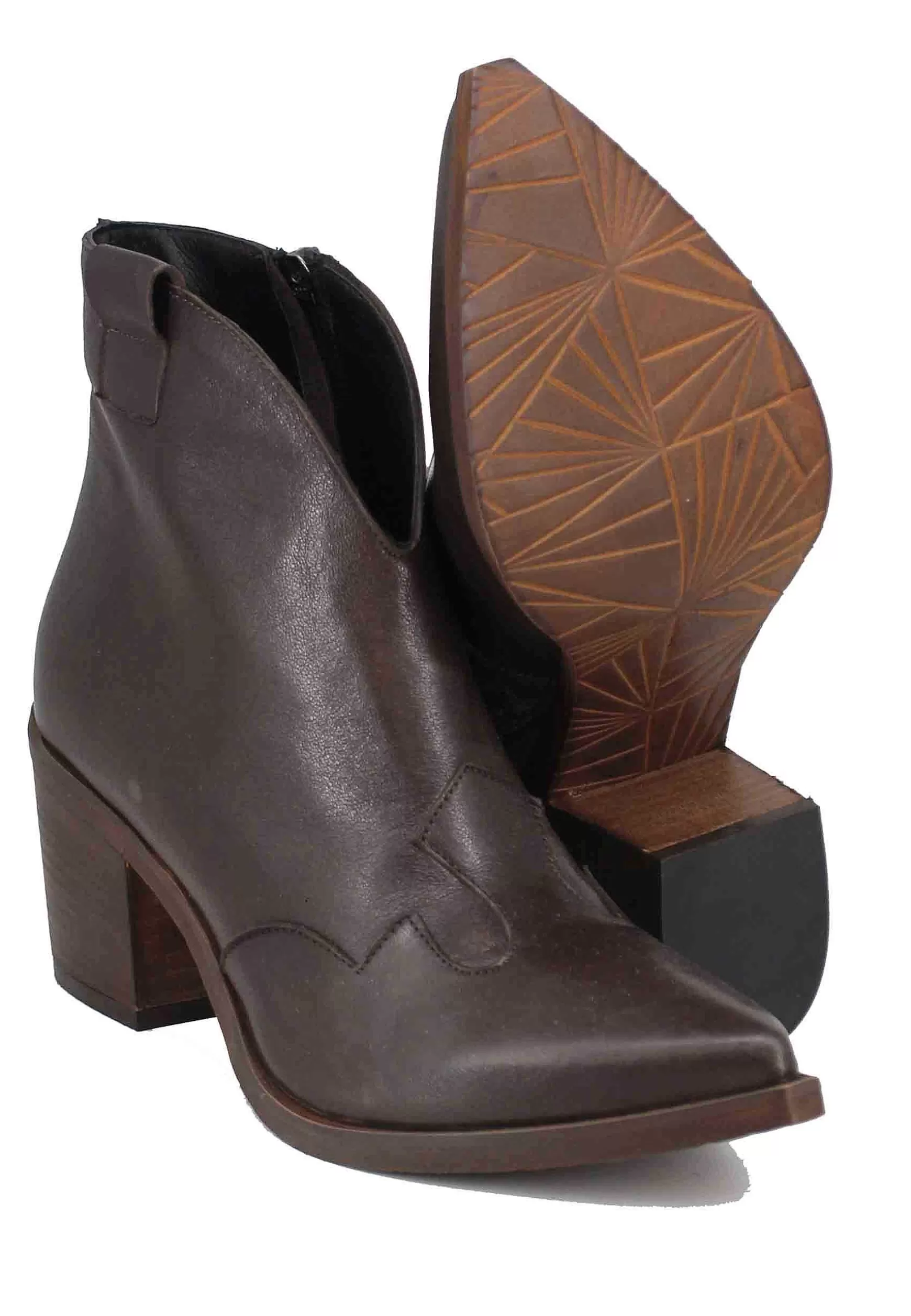 Stivaletti Texani Donna In Pelle Marrone Con Punta A Punta*Tattoo Fashion