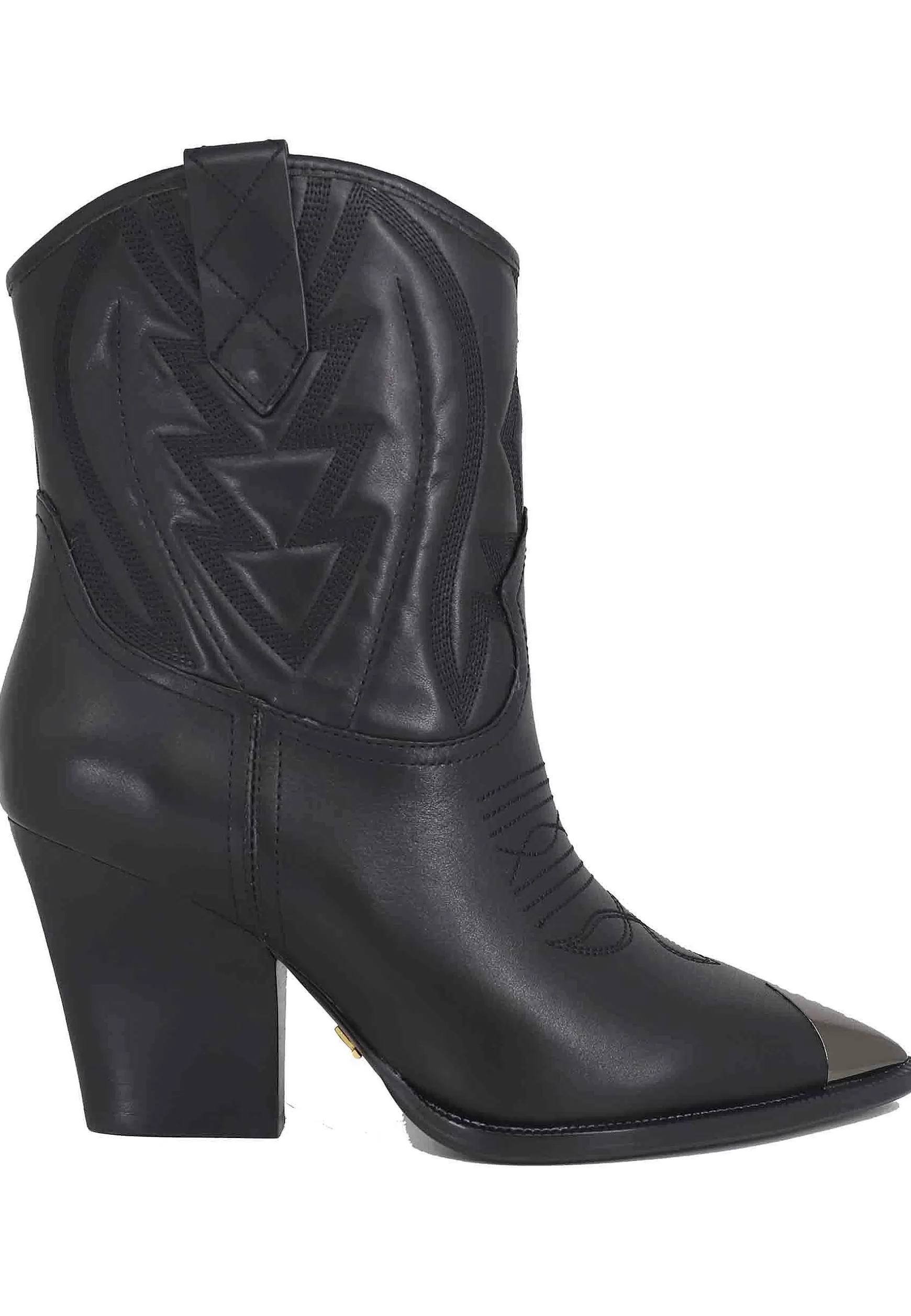Stivaletti Texani Donna In Pelle Nera Con Cuciture In Tinta E Puntale In Acciaio Gambels*Lola Cruz Store