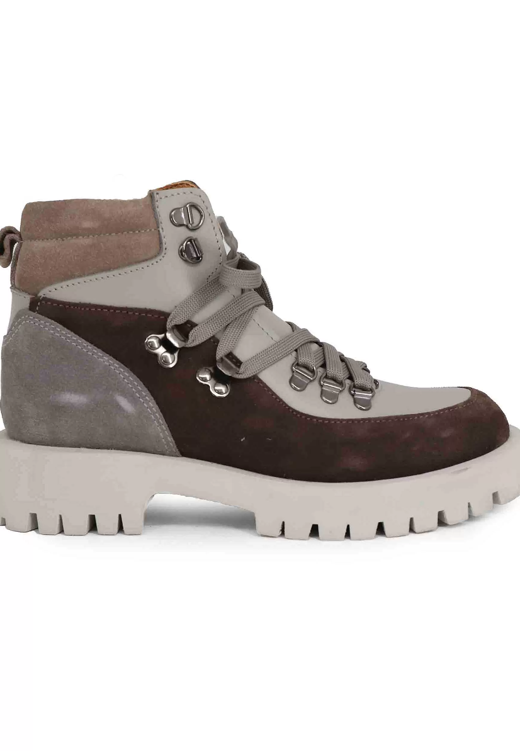 Stivaletti Trakking Donna In Pelle Grigia E Camoscio Marrone Con Suola Carrarmato** Cheap