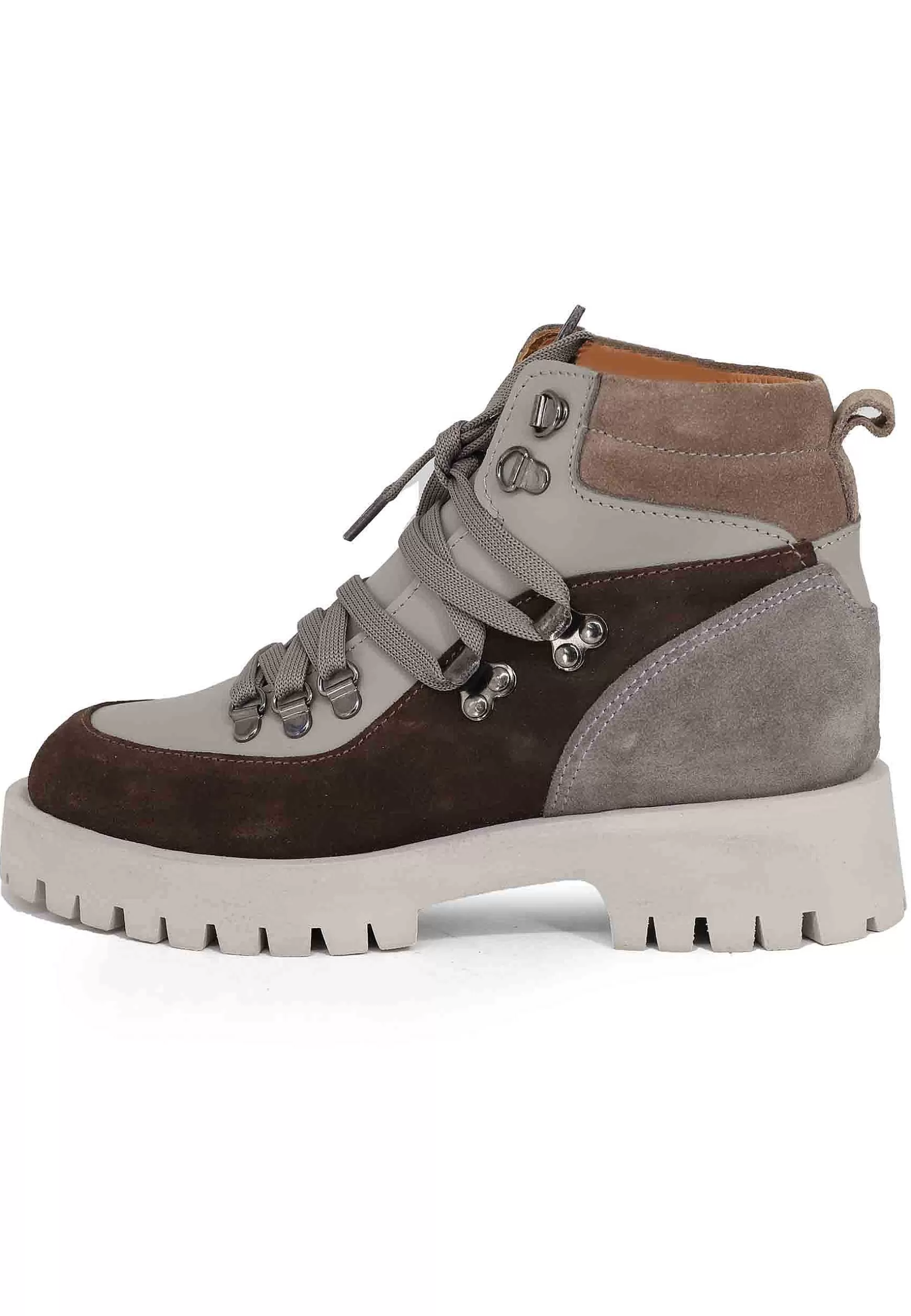 Stivaletti Trakking Donna In Pelle Grigia E Camoscio Marrone Con Suola Carrarmato** Cheap