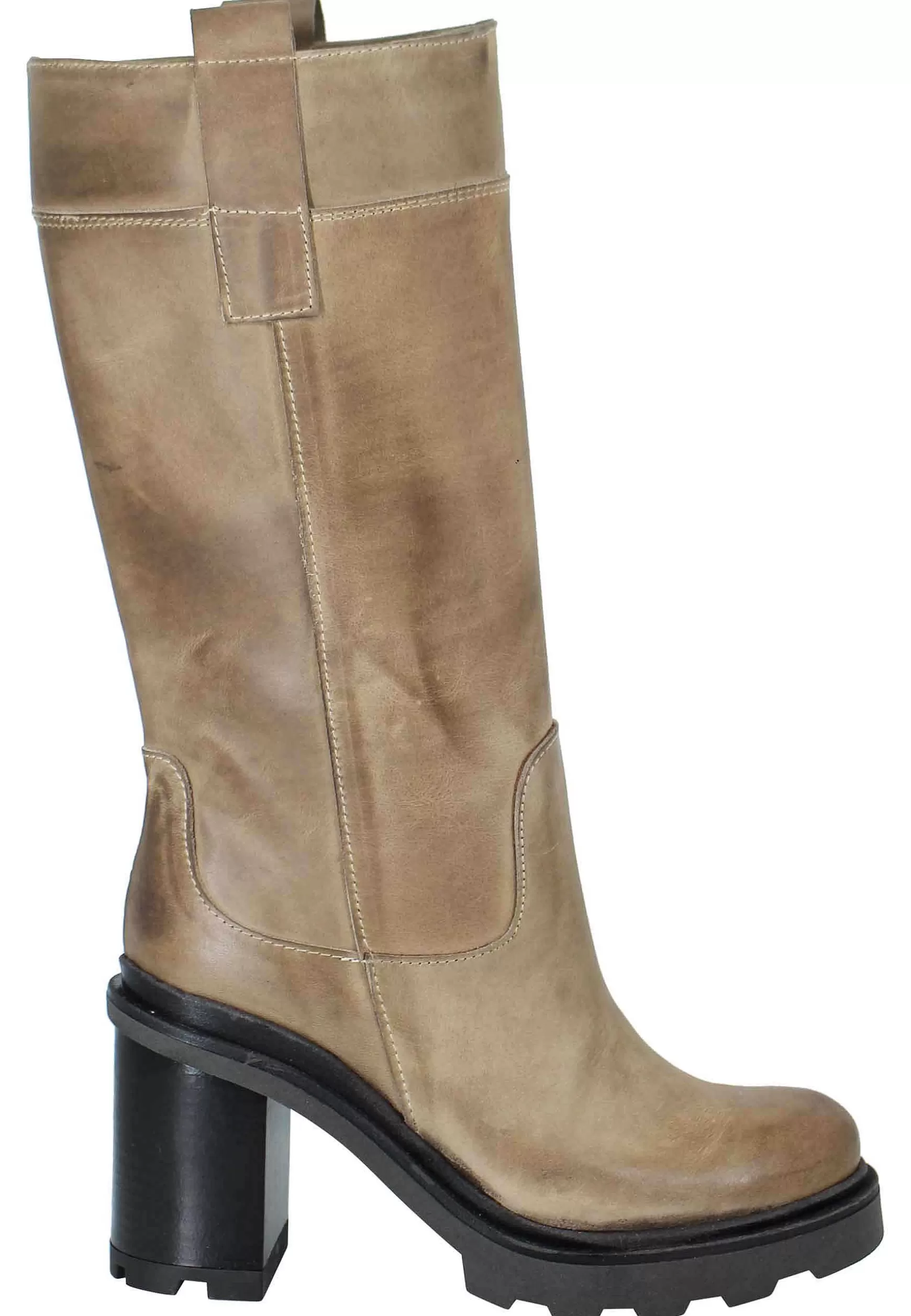 Stivali Anfibi Donna In Pelle Taupe Tacco Alto Con Fondo Carrarmato** Sale