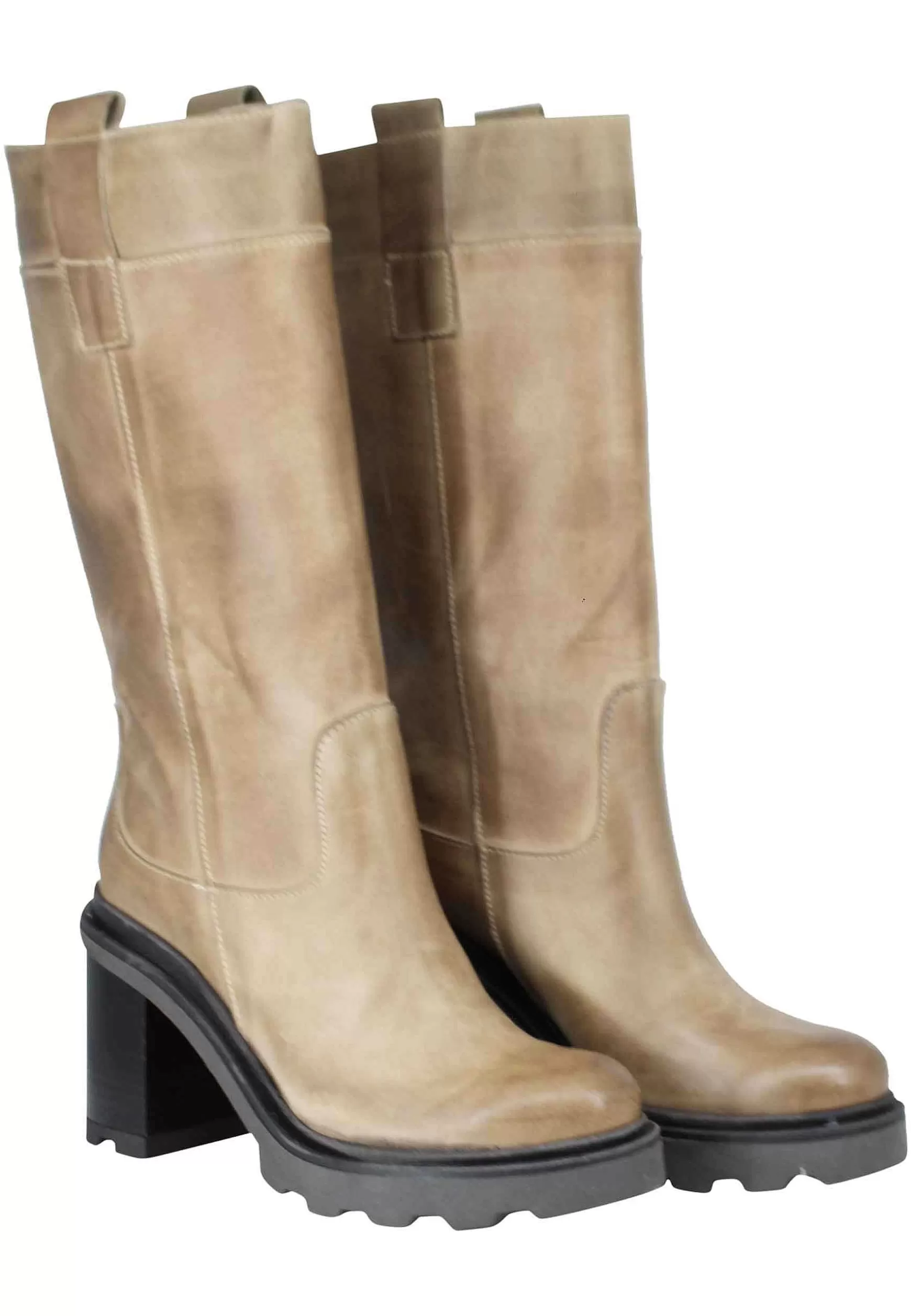 Stivali Anfibi Donna In Pelle Taupe Tacco Alto Con Fondo Carrarmato** Sale