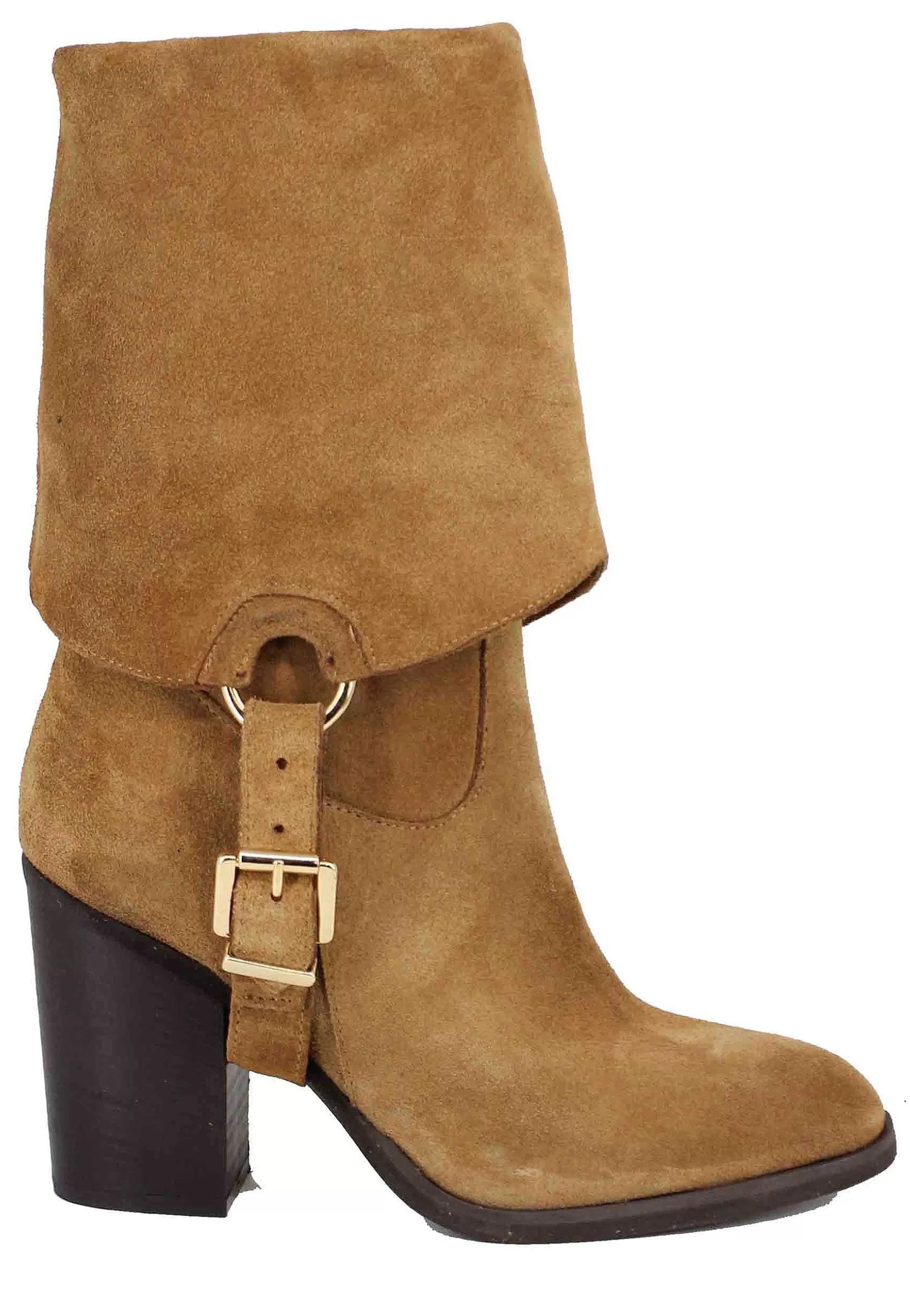 Stivali Donna In Camoscio Cuoio Con Risvolto E Tacco Alto** New