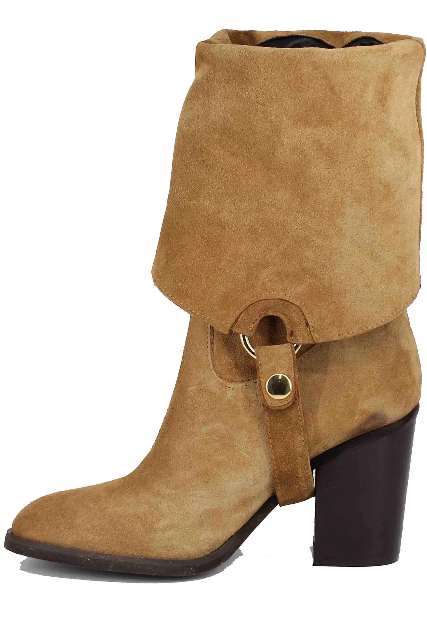 Stivali Donna In Camoscio Cuoio Con Risvolto E Tacco Alto** New