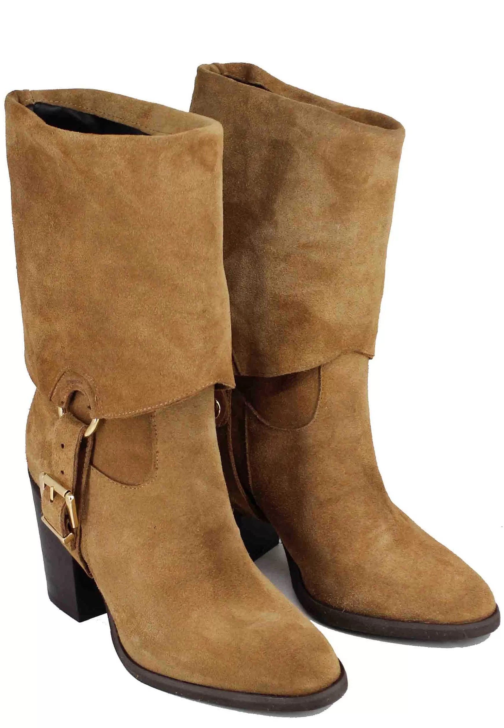 Stivali Donna In Camoscio Cuoio Con Risvolto E Tacco Alto** New