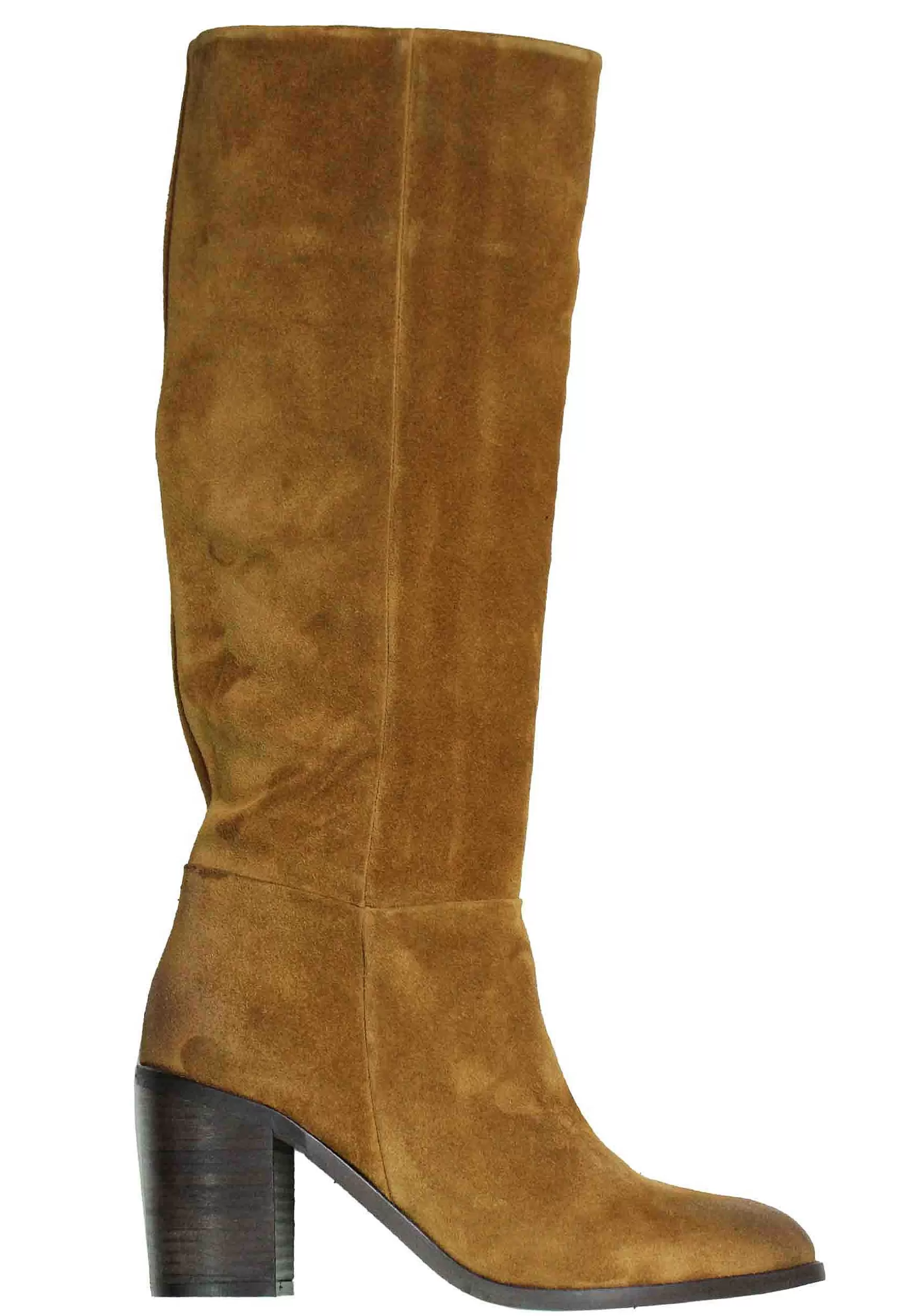Stivali Donna In Camoscio Testa Di Moro Con Tacco In Cuoio E Punta Semi Tonda*Onakò Cheap