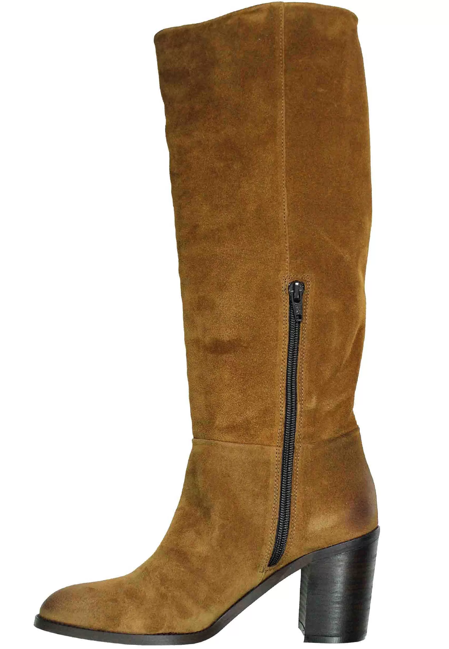 Stivali Donna In Camoscio Testa Di Moro Con Tacco In Cuoio E Punta Semi Tonda*Onakò Cheap