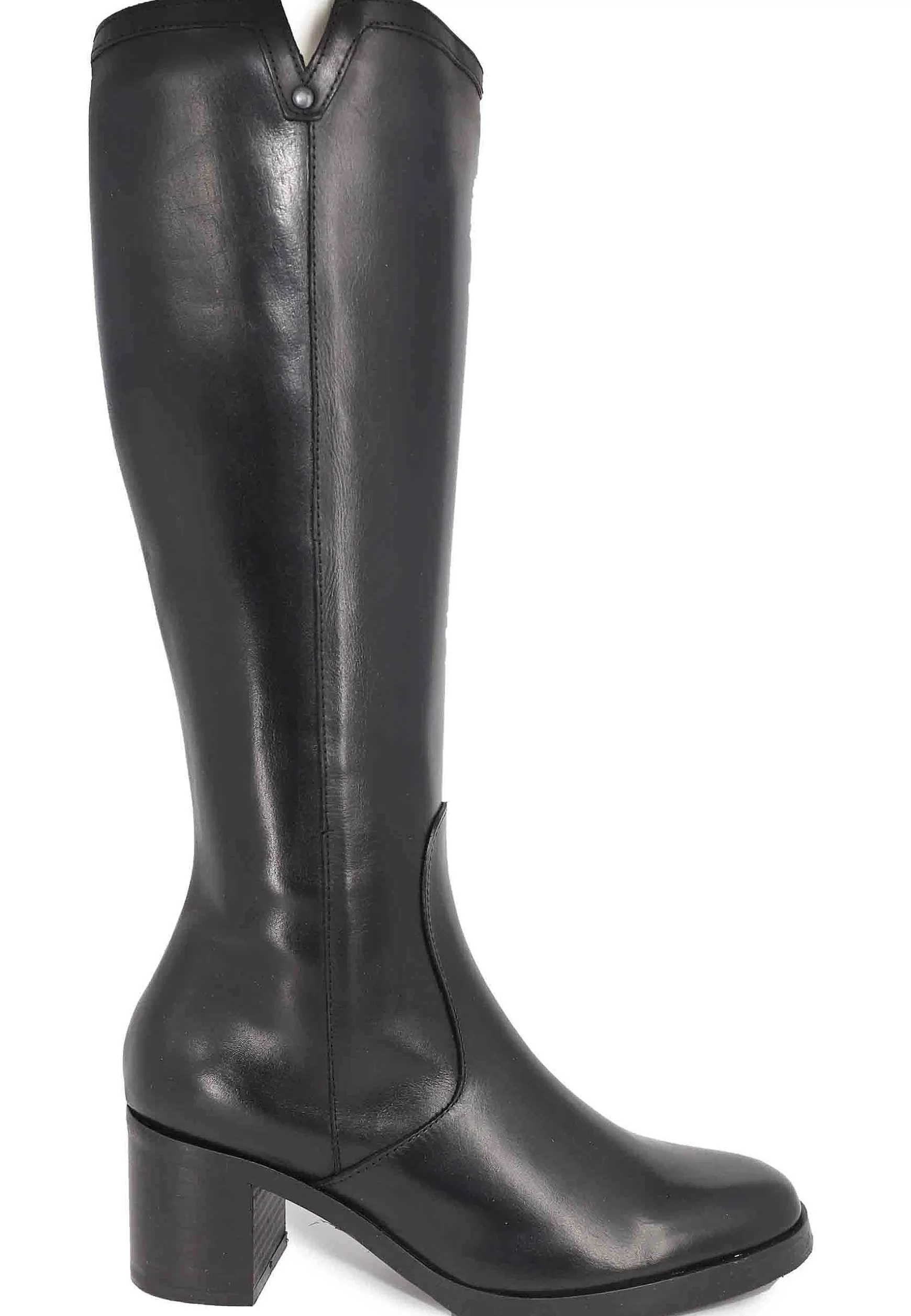 Stivali Donna In Pelle Nera Con Tacco E Punta Tonda** Fashion