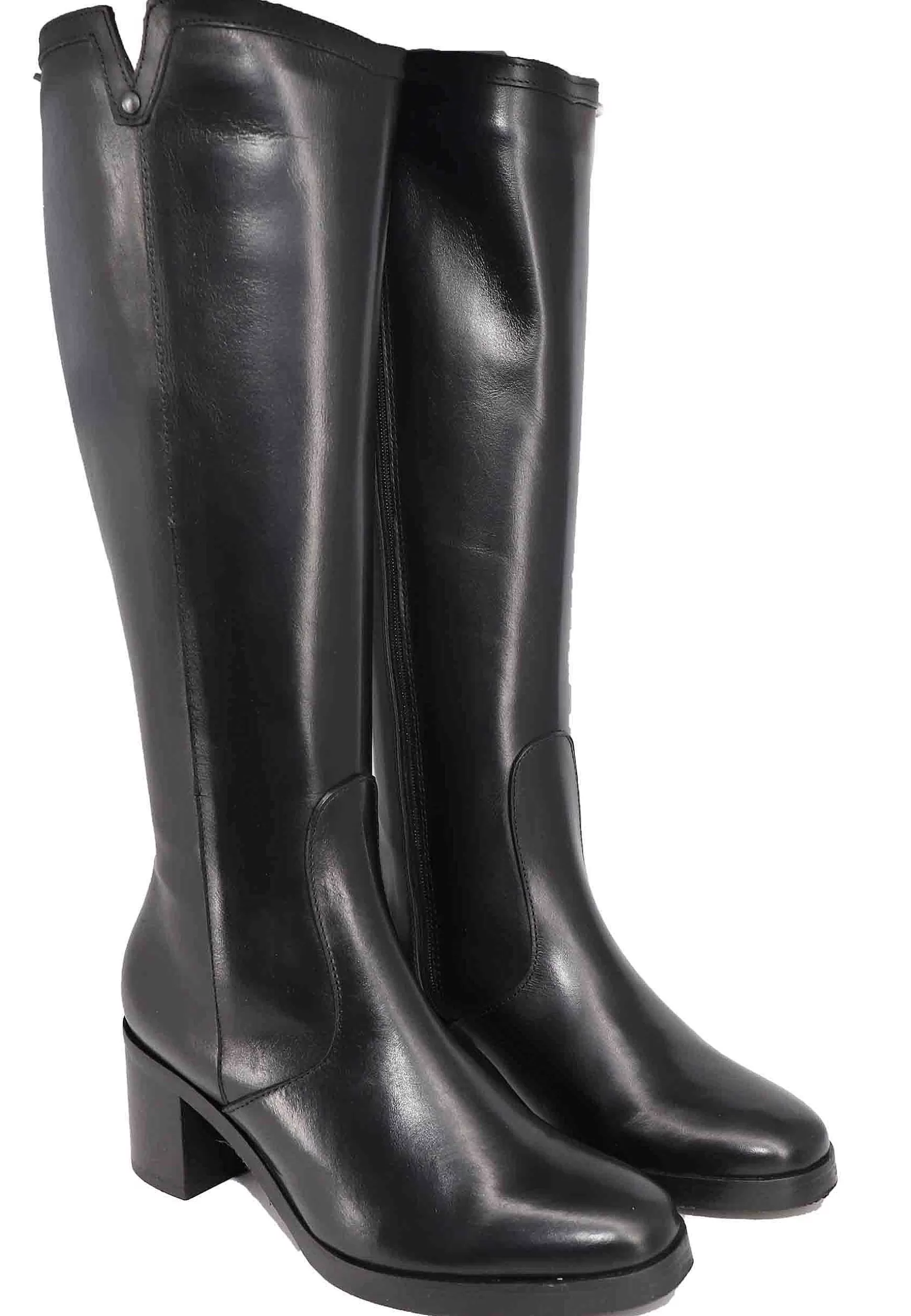 Stivali Donna In Pelle Nera Con Tacco E Punta Tonda** Fashion