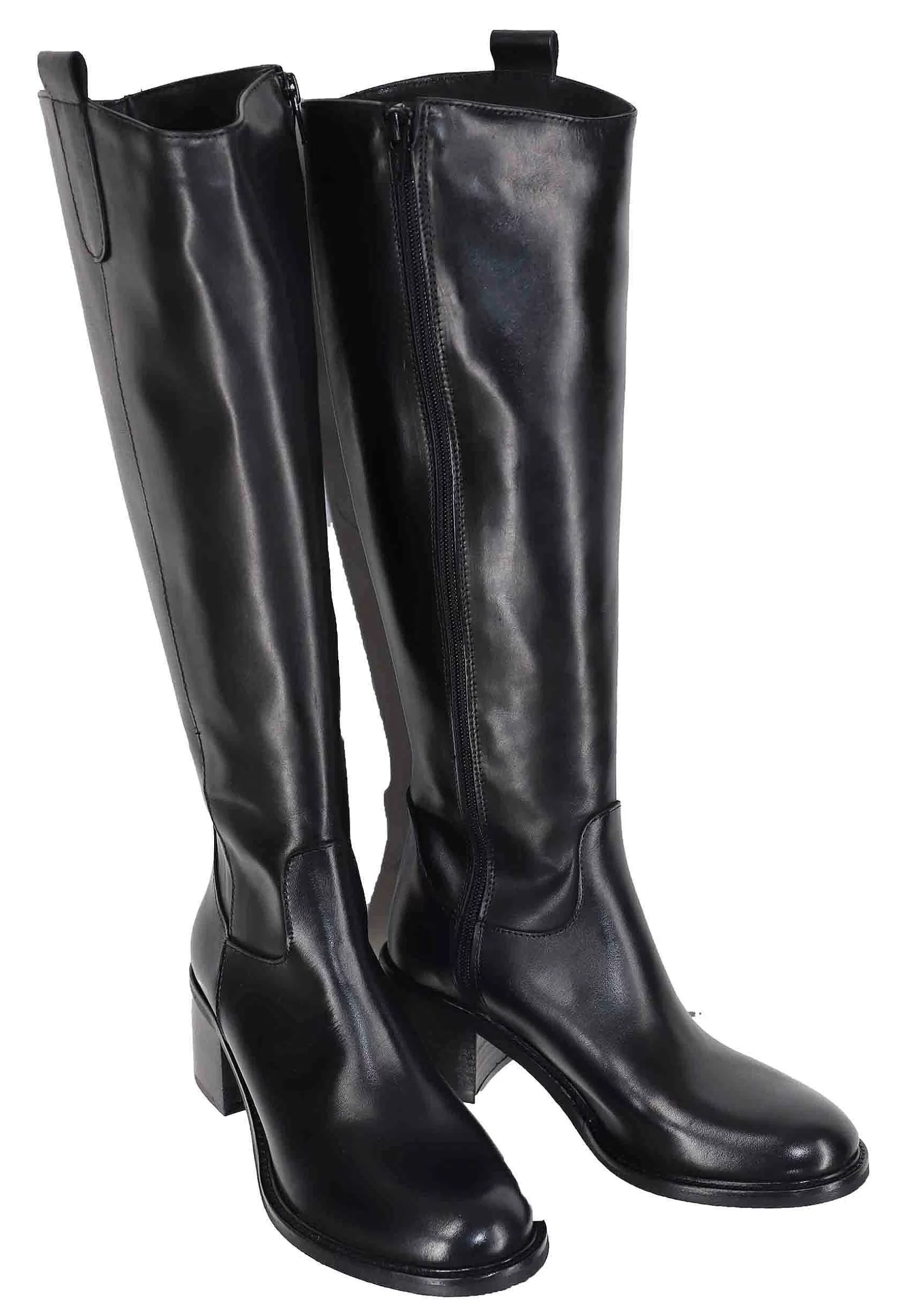 Stivali Donna In Pelle Nera Con Tacco In Cuoio E Tirante Laterale** Clearance