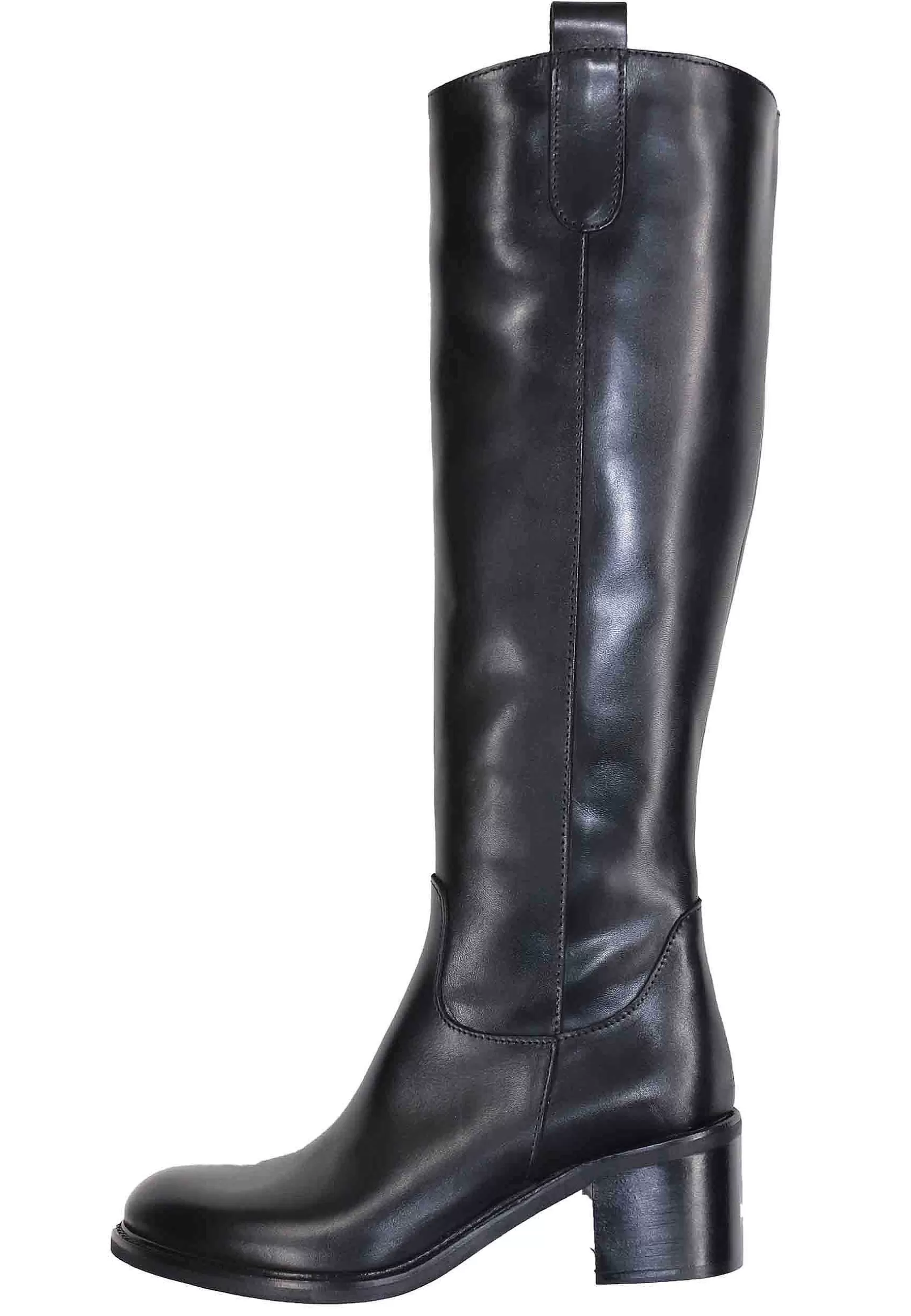 Stivali Donna In Pelle Nera Con Tacco In Cuoio E Tirante Laterale** Clearance