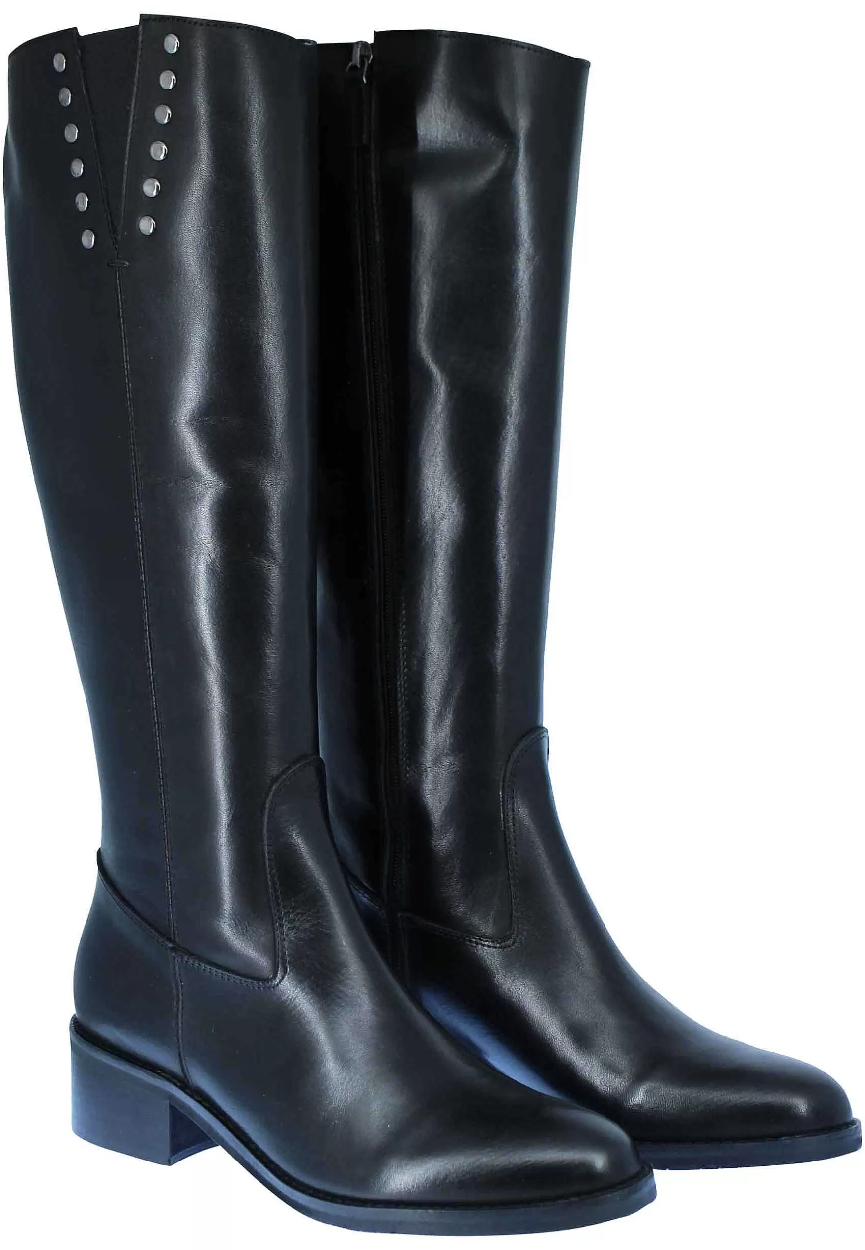Stivali Donna In Pelle Nera Tacco Basso Con Borchie E Zip Laterale** Clearance
