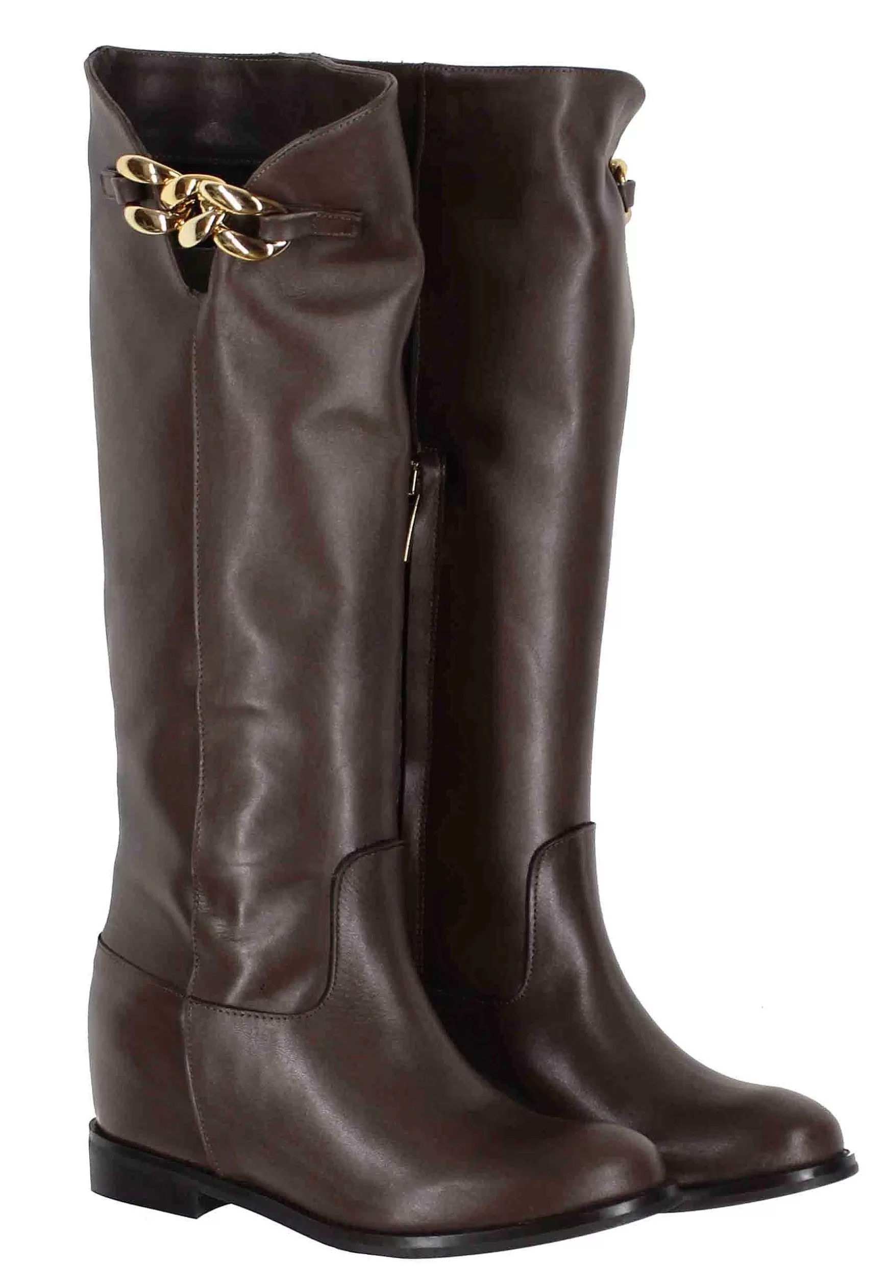 Stivali Donna In Pelle Testa Di Moro Con Catena Oro*Pierfrancesco Vincenti Best Sale