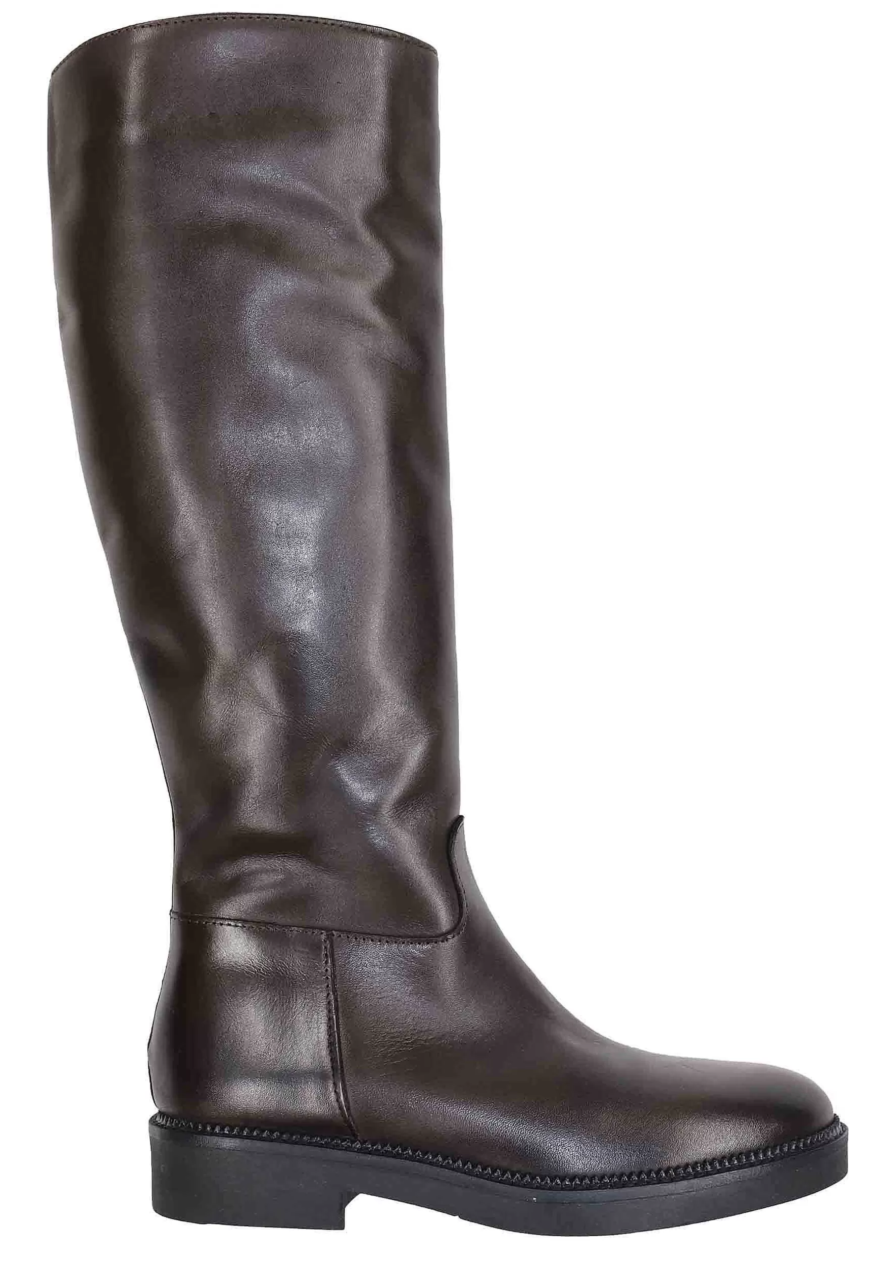 Stivali Donna In Pelle Testa Di Moro Con Tacco Basso E Punta Tonda** Flash Sale