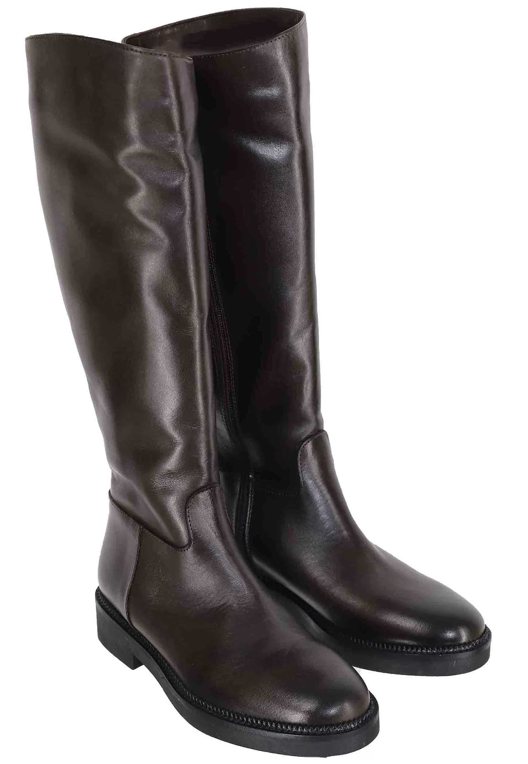 Stivali Donna In Pelle Testa Di Moro Con Tacco Basso E Punta Tonda** Flash Sale
