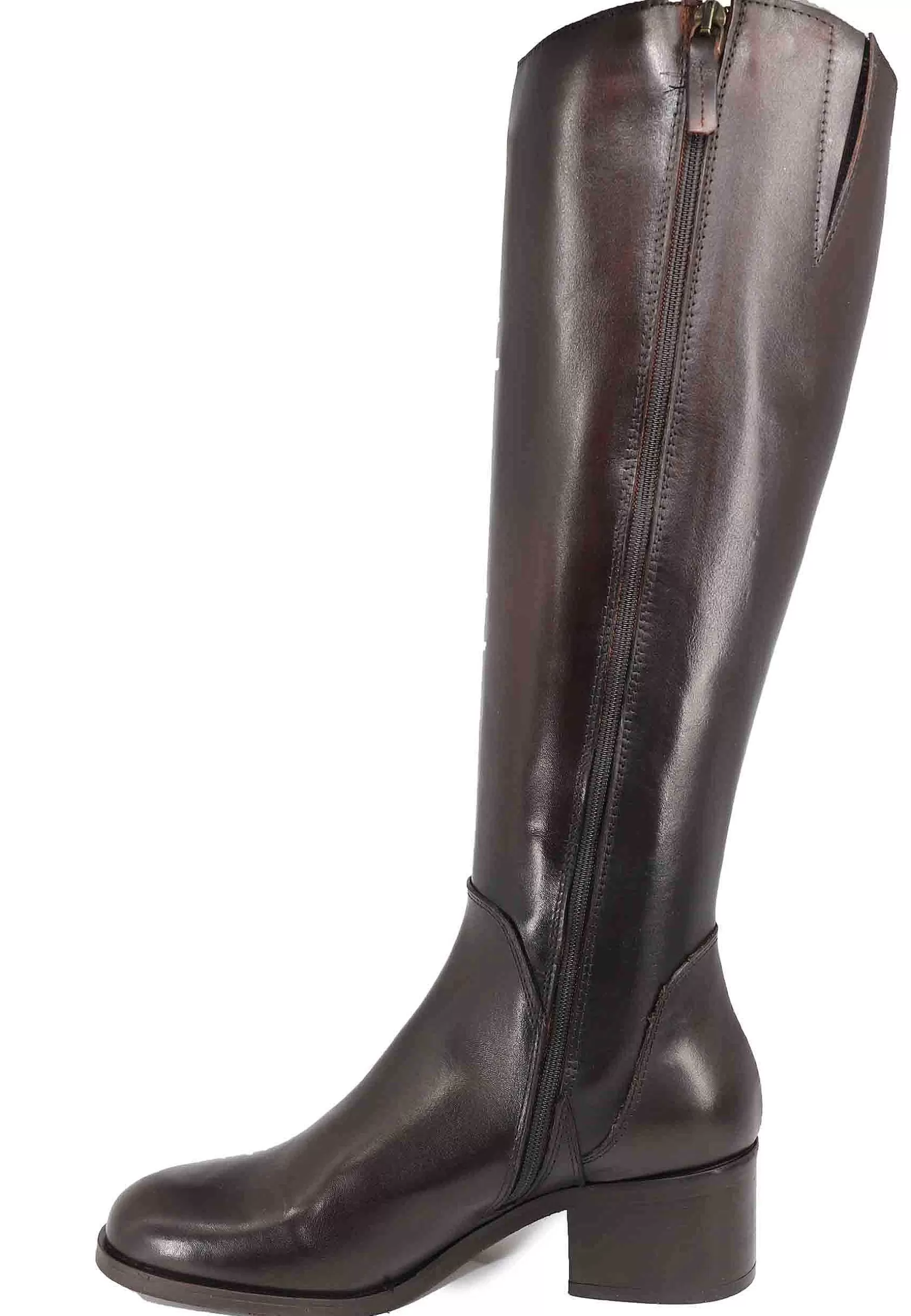 Stivali Donna In Pelle Testa Di Moro Con Tacco In Cuoio** New