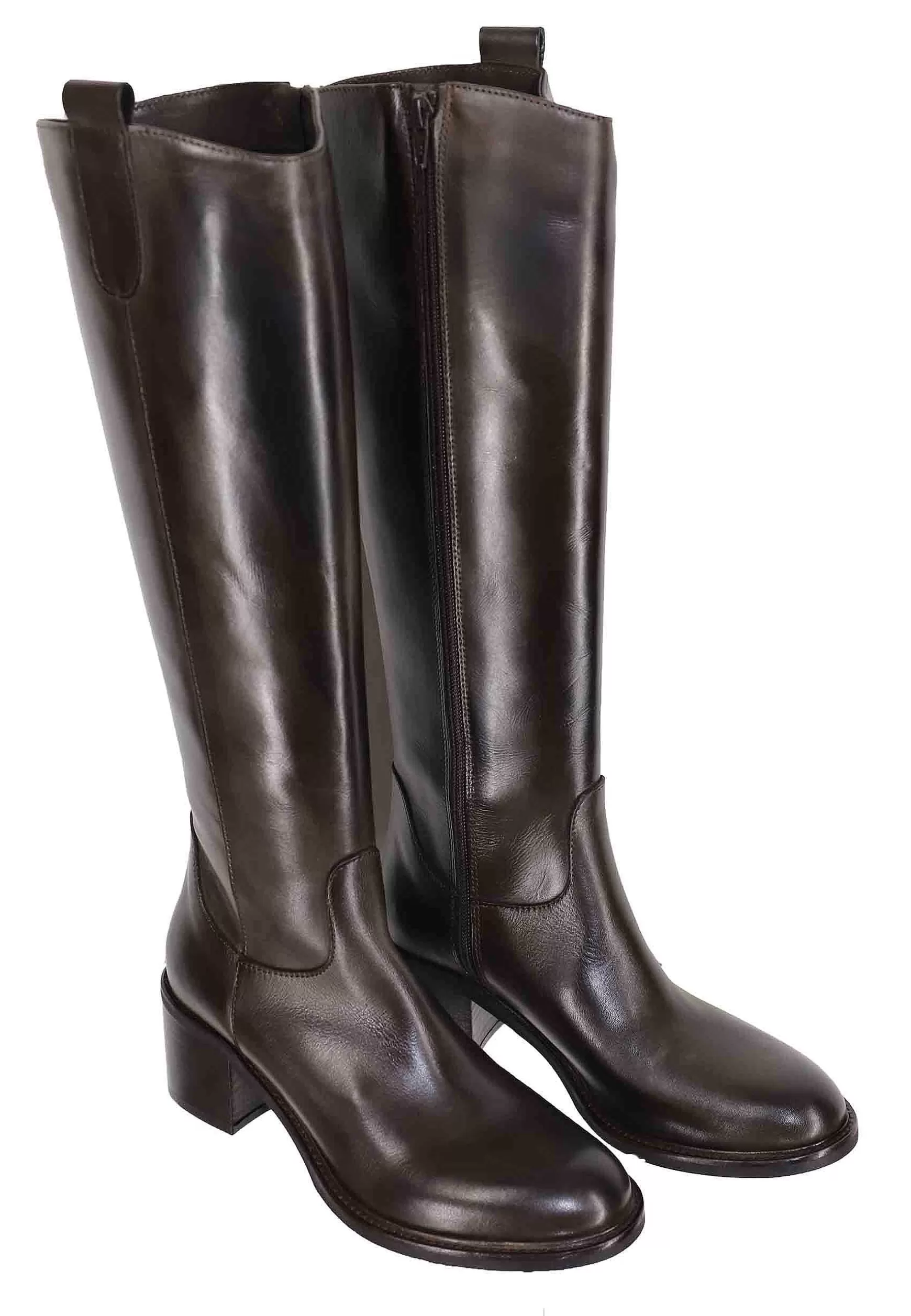 Stivali Donna In Pelle Testa Di Moro Con Tacco In Cuoio E Tirante Laterale** Shop